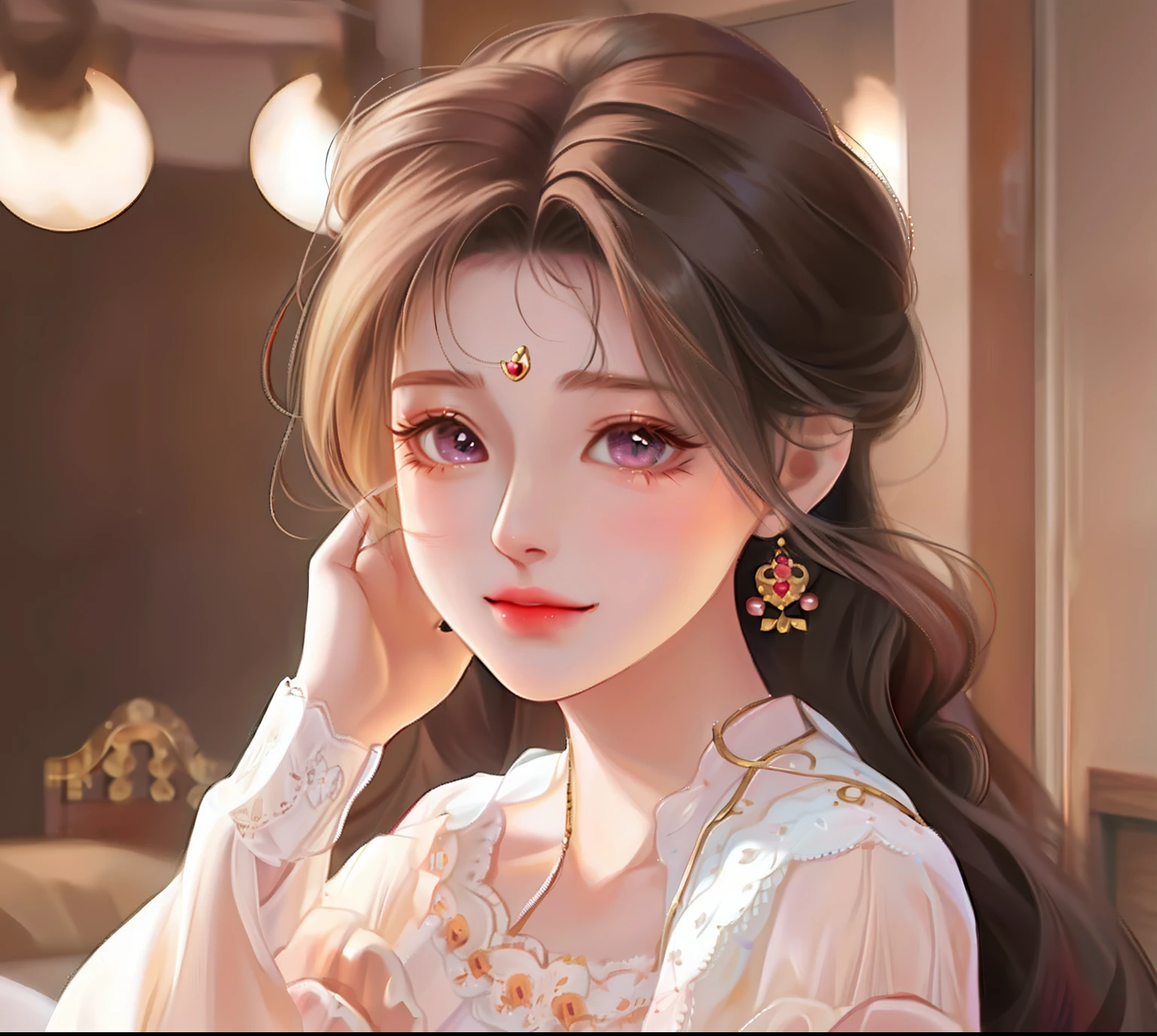 there is a woman with long hair and earrings posing for a picture, with cute - fine - face, Cute natural anime face, cute beautiful, girl cute-fine face, cute delicate face, portrait cute-fine-face, adorable digital art, Kawaii realistic portrait, Young and cute face, cute-fine-face, with cute doting eyes