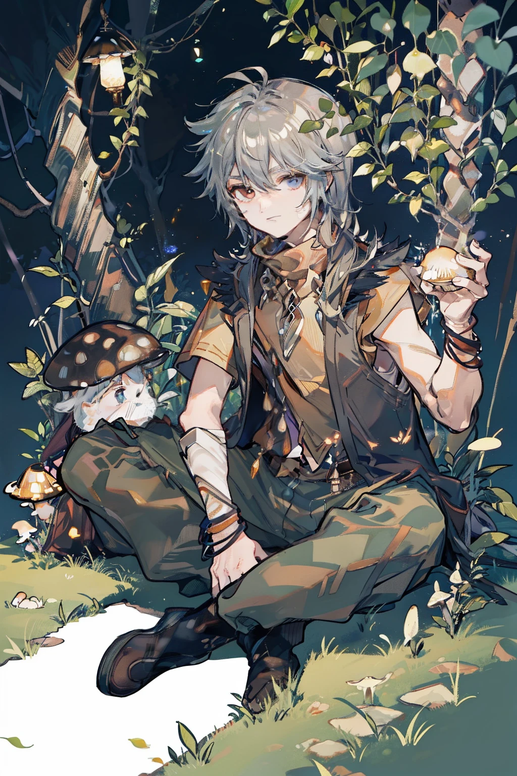 1 boy solo, long grey hair, brown vest, brown wide pants, in the forest at night, dark forest, fireflies, glowing mushrooms