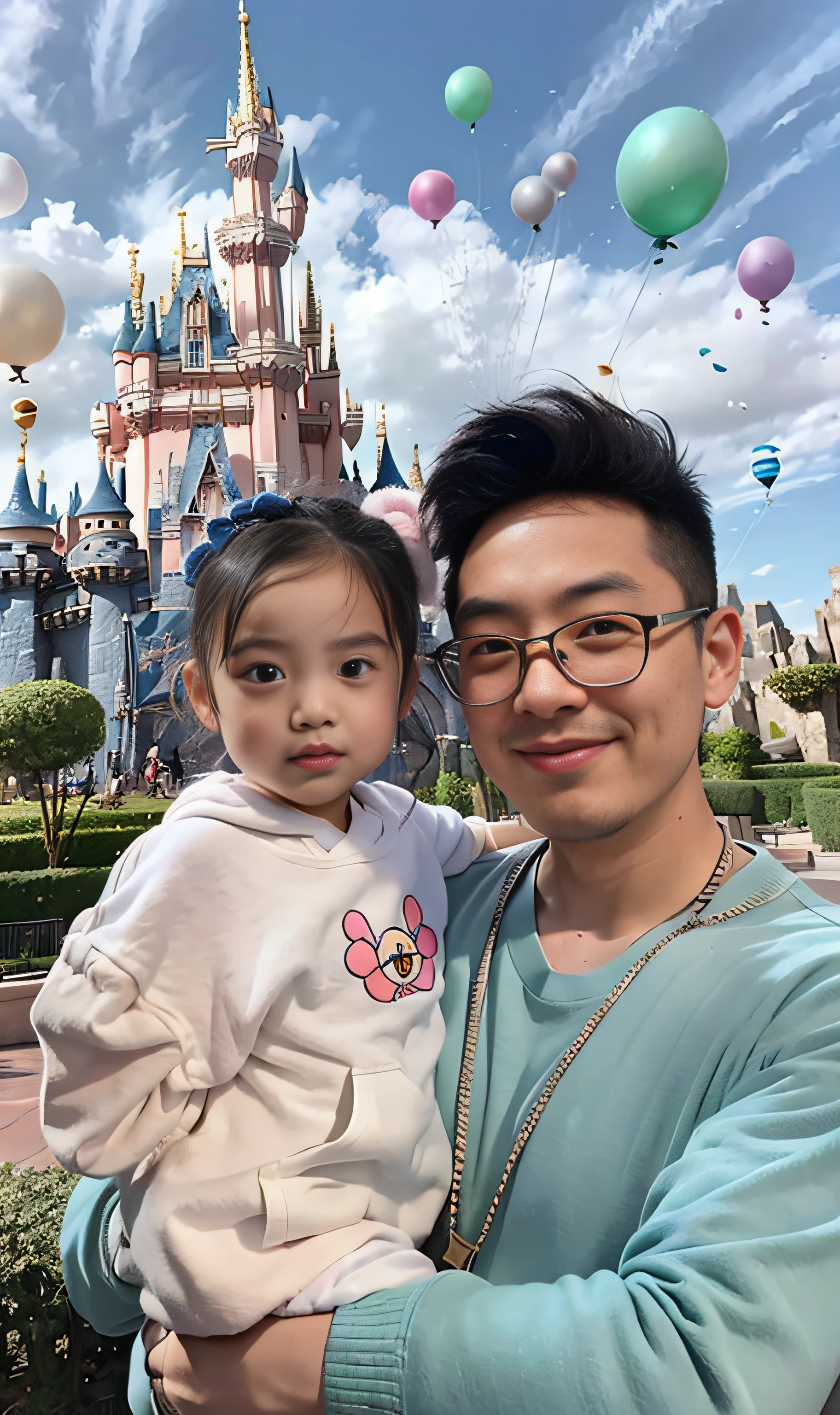 (The sky is filled with balloons of various colors),A man holds his daughter,The man wears a light-colored sweatshirt,Little girl in a furry top,Pink pants,At Disneyland,Disney Castle in the background,Green shrubs,trail,with blue sky and white clouds,8K,Masterpiece,highly accurate,Ultra-realistic,Soft focus,Unreal Engine5,Realistic,Stand in front of the castle, The background is Disneyland Castle, disney artist, disneyland as backdrop, andrew thomas huang, ( background castle ), #overclocking, # overclocking, disney land, disney photo realistic, overclocking, The background is a castle