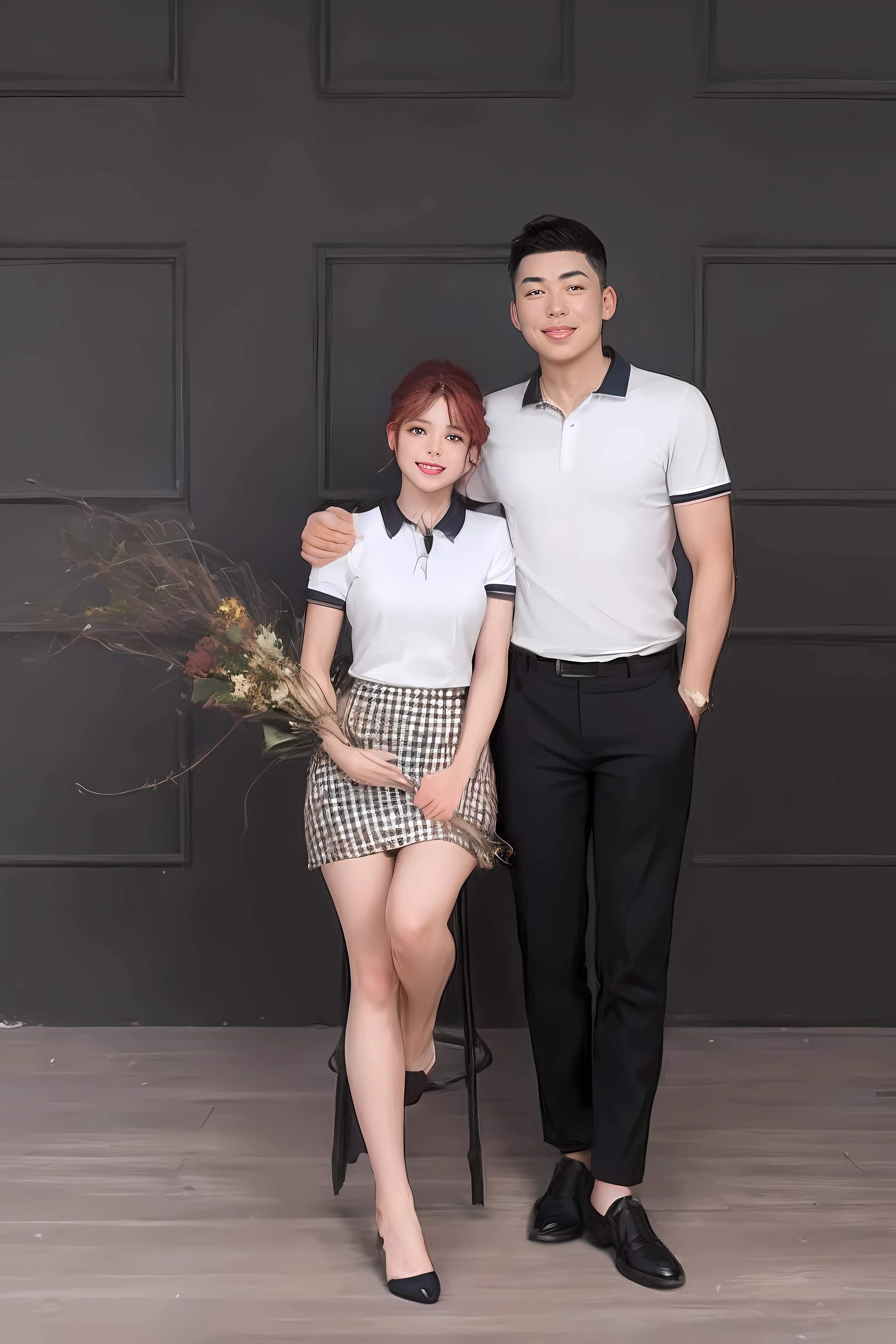 the woman's hands on the left are her holding a bouquet of flowers, her hair is a beautiful rose red hair, The messy ponytail hair on the forehead is very borrowed and beautiful the boy's hand on the right is resting on the girl's right shoulder on the left, Realistic anime, Colorful Anime、the color of the dress or the color of the clothes is as advertised in professional magazines, Hair style metallic red or green nuggets, iridescent eyebrows, beautiful glitter, attractive curves, smiling shyly, dimpled cheeks, genuine, shy smile, dimpled cheeks, bright red lips, bright scene, background bokeh, candy green tree lines, white human skin, bright, realistic face, like a professional portrait, DSLR.