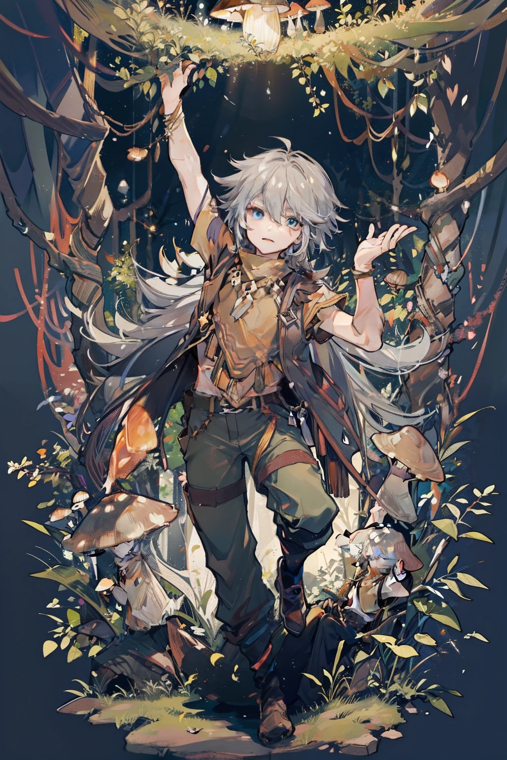 1 boy solo, dynamic pose, long grey hair, brown vest, brown wide pants, in the forest at night, dark forest, fireflies, glowing mushrooms