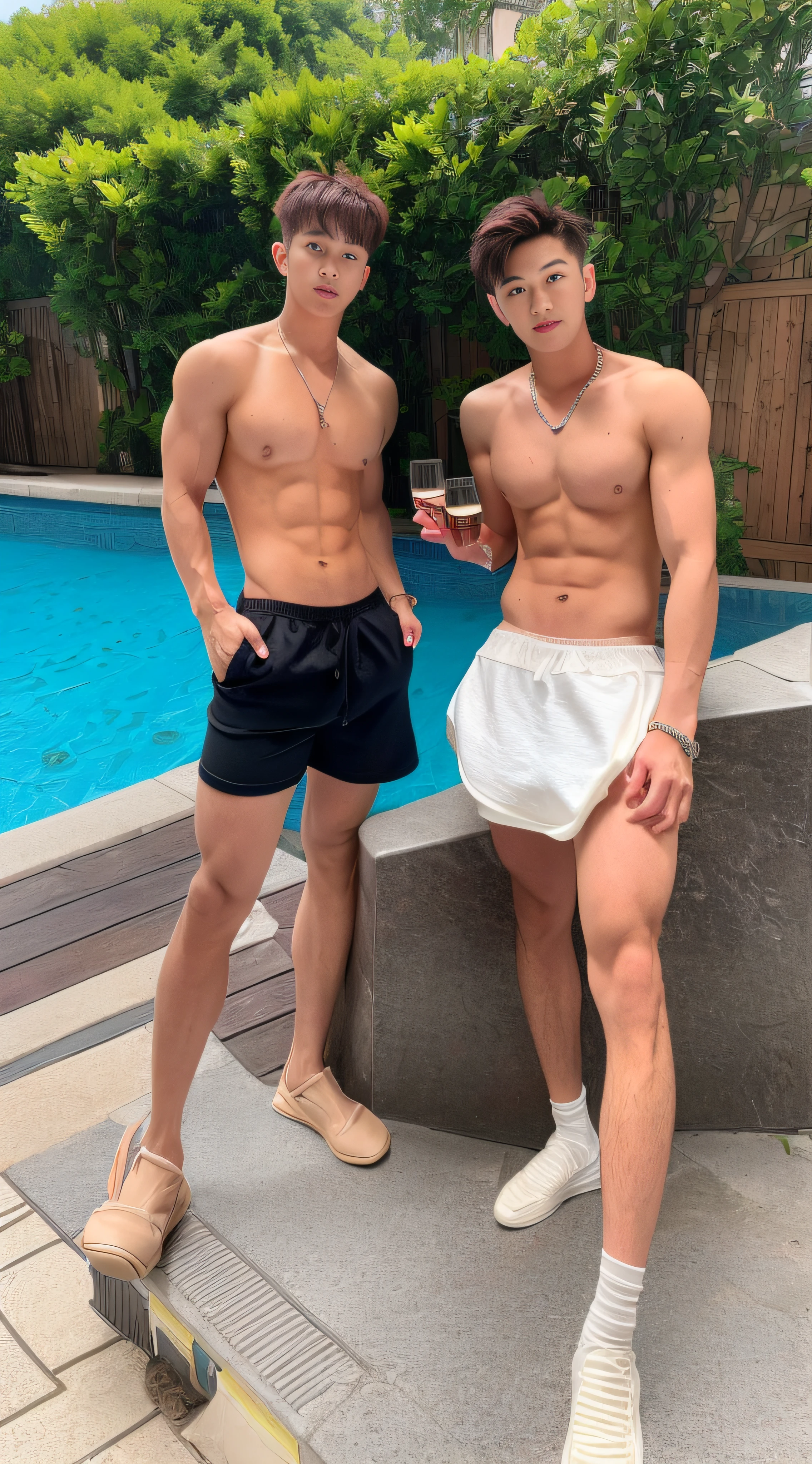 (absurderes, A high resolution, Ultra detailed, hdr), Masterpiece, Best quality, Portrait of a boy, Handsome boy with red eyes, Detailed face, Professional photo, The Alafed man is shirtless, legs are open, (puffynipple(From below:1.1)), Focus on your audience,18 year old boy, Handsome boy, [ Firmly defined body ]，Abs，chest muscle，Briefs，large bulge，Pool，