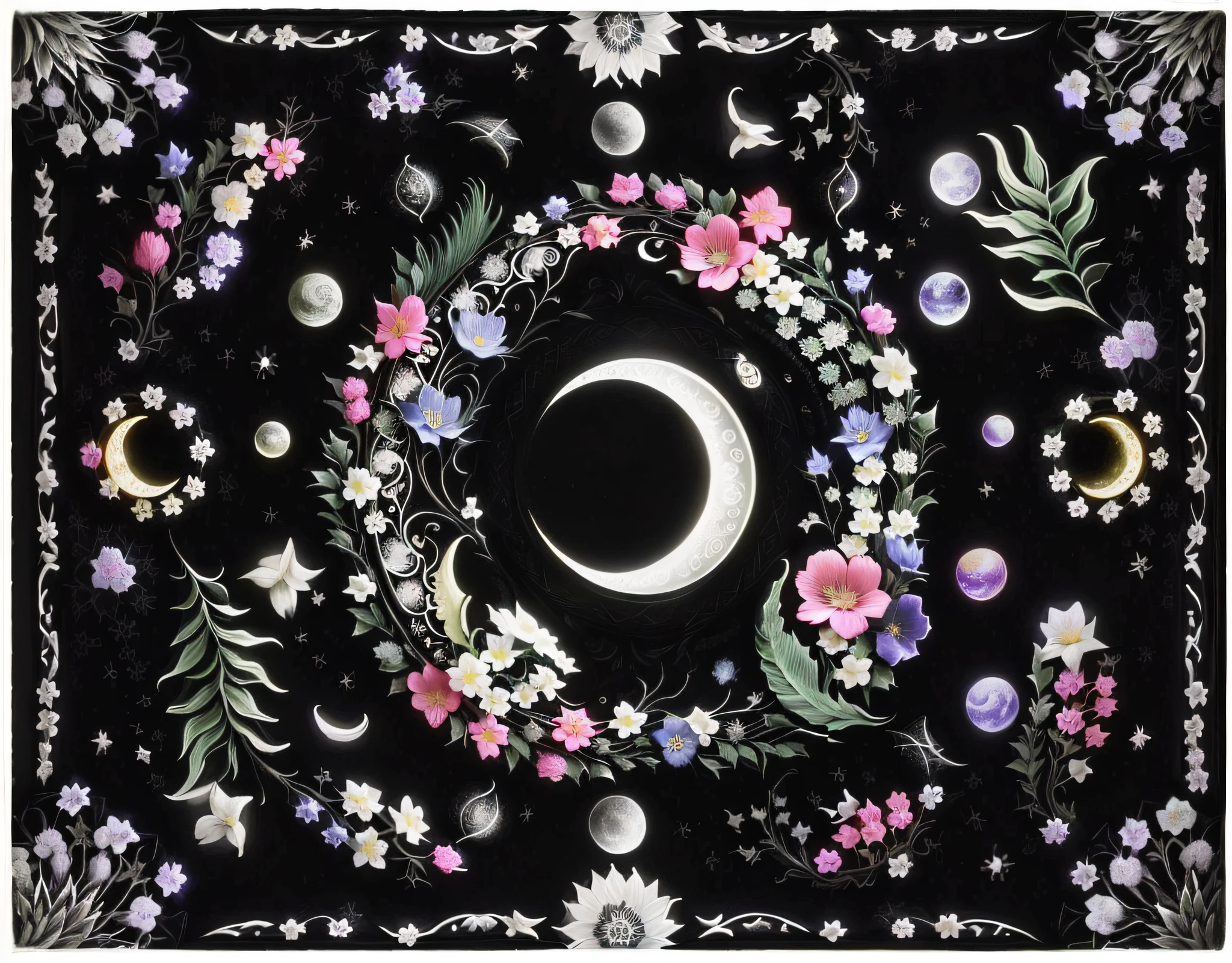 Close up of black and white picture of moon and flowers, intricate arcane wiccan designs, ✨🕌🌙, witch clothes, Wearing psychedelic witchcraft, psychedelic floral planets, cottagecore hippie, nature and floral aesthetics, night sky full of flowers, celestial gardens, circle of the crone, home wicca scene