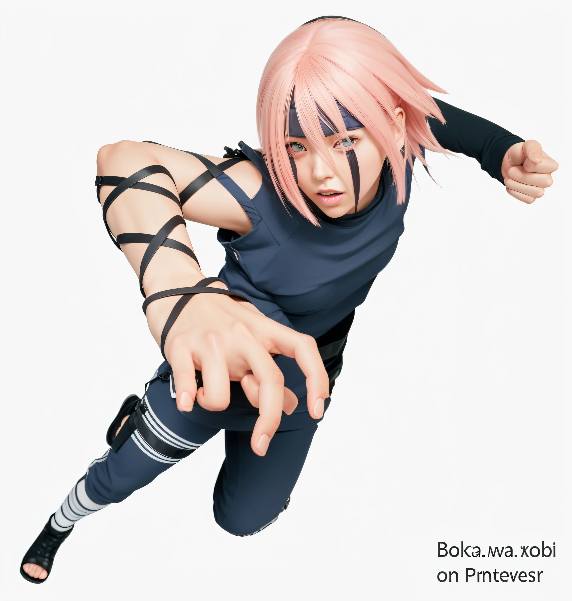 Sakura Haruno from the anime Naruto, lifelike portrayal with realistic human features. wearing navy clothes
