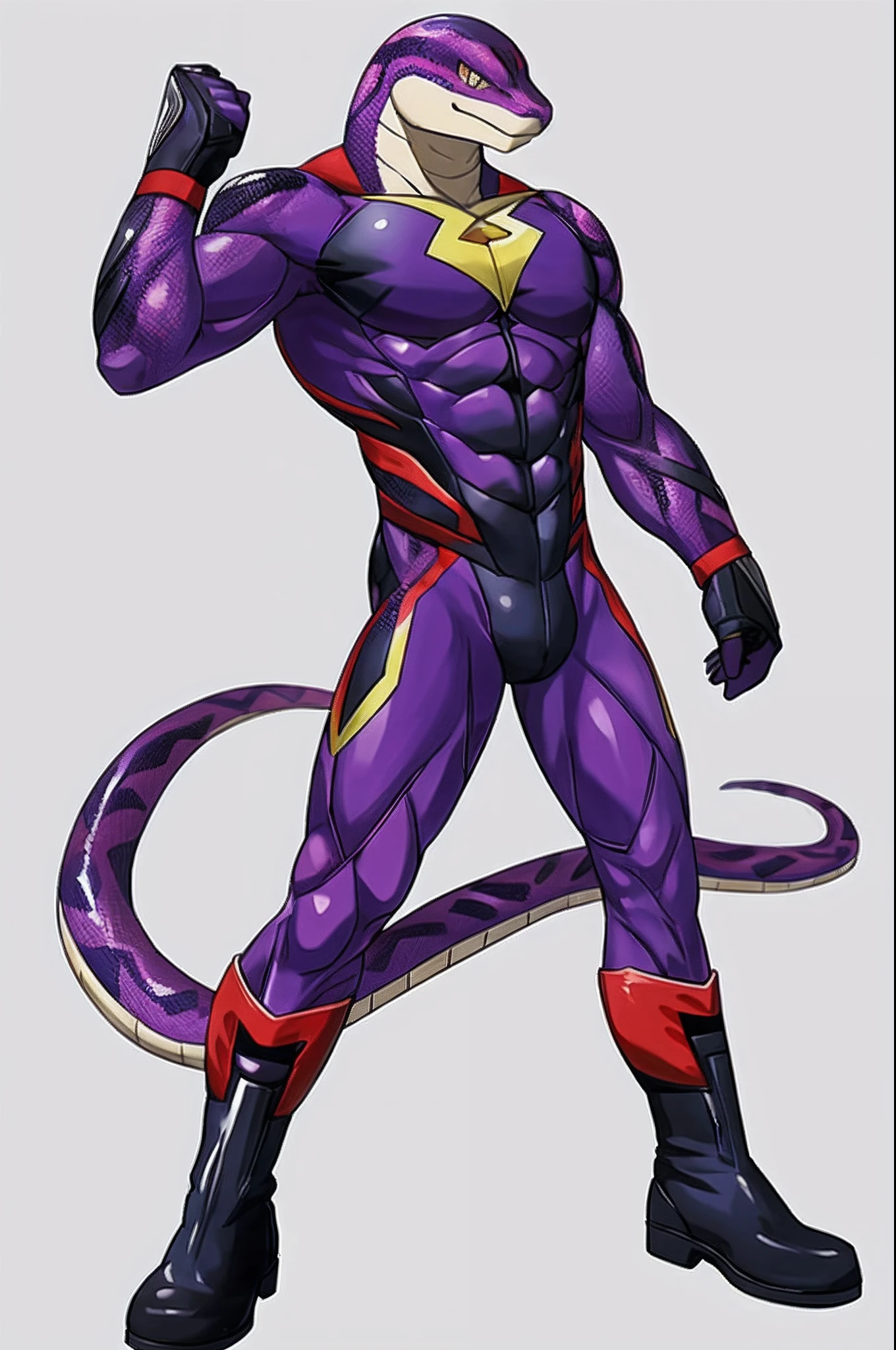 masutepiece, Best Quality, anime style illustration,White background, Simple background, Standing portrait of a character, 1ｍale, Solo, snake man, Furry,  Superhero, purple bodysuit, boots, Full body,Look at viewers,