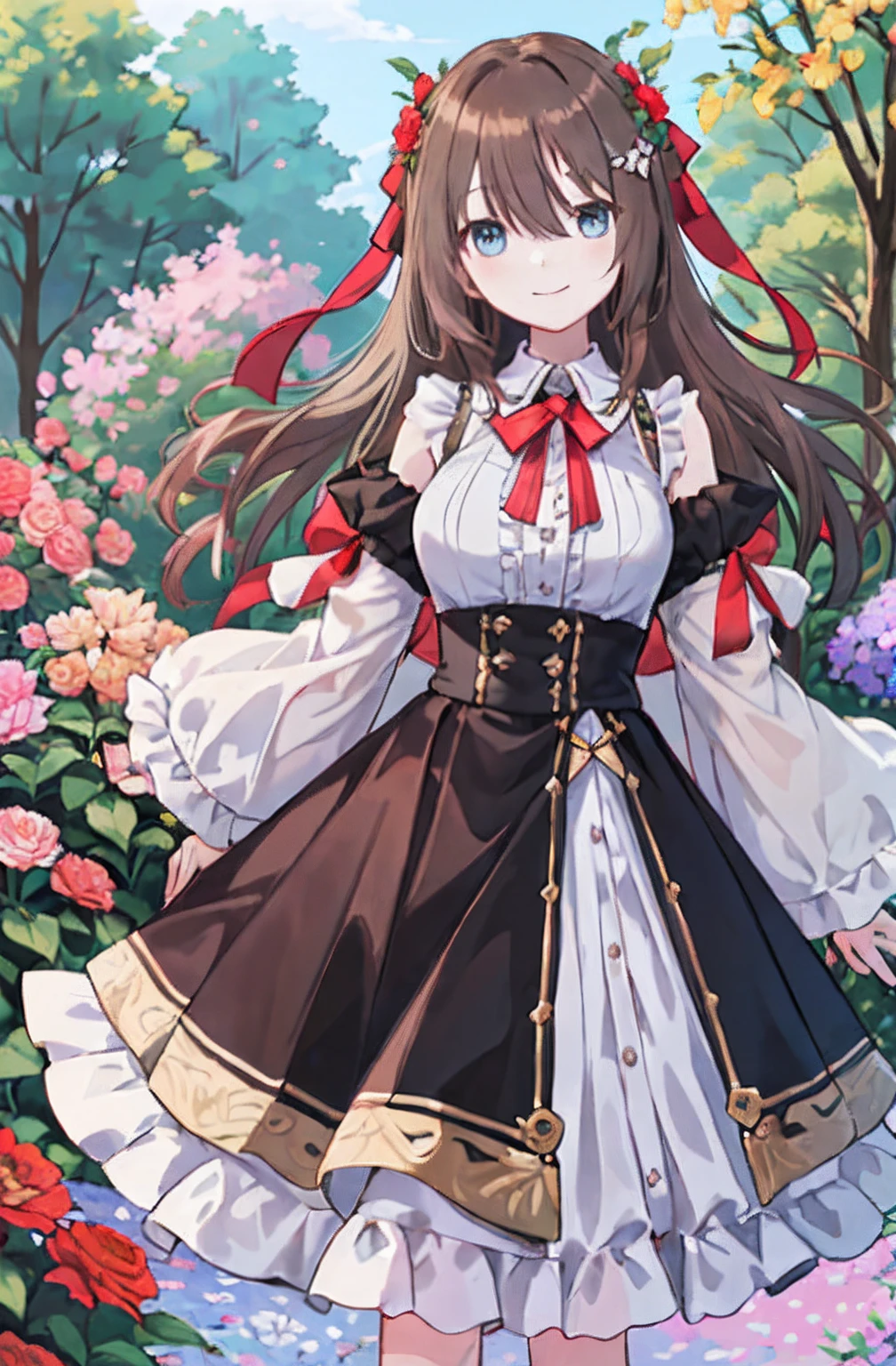 (​masterpiece、top-quality、illustratio、Extremely high quality、high-level image quality、Extremely sensitive writing)Girl with brown hair standing in beautiful flowery garden、A slight smile、She has a large bouquet、Cute national costume style dress with ruffles on the shoulders、Hair fluttering in the wind