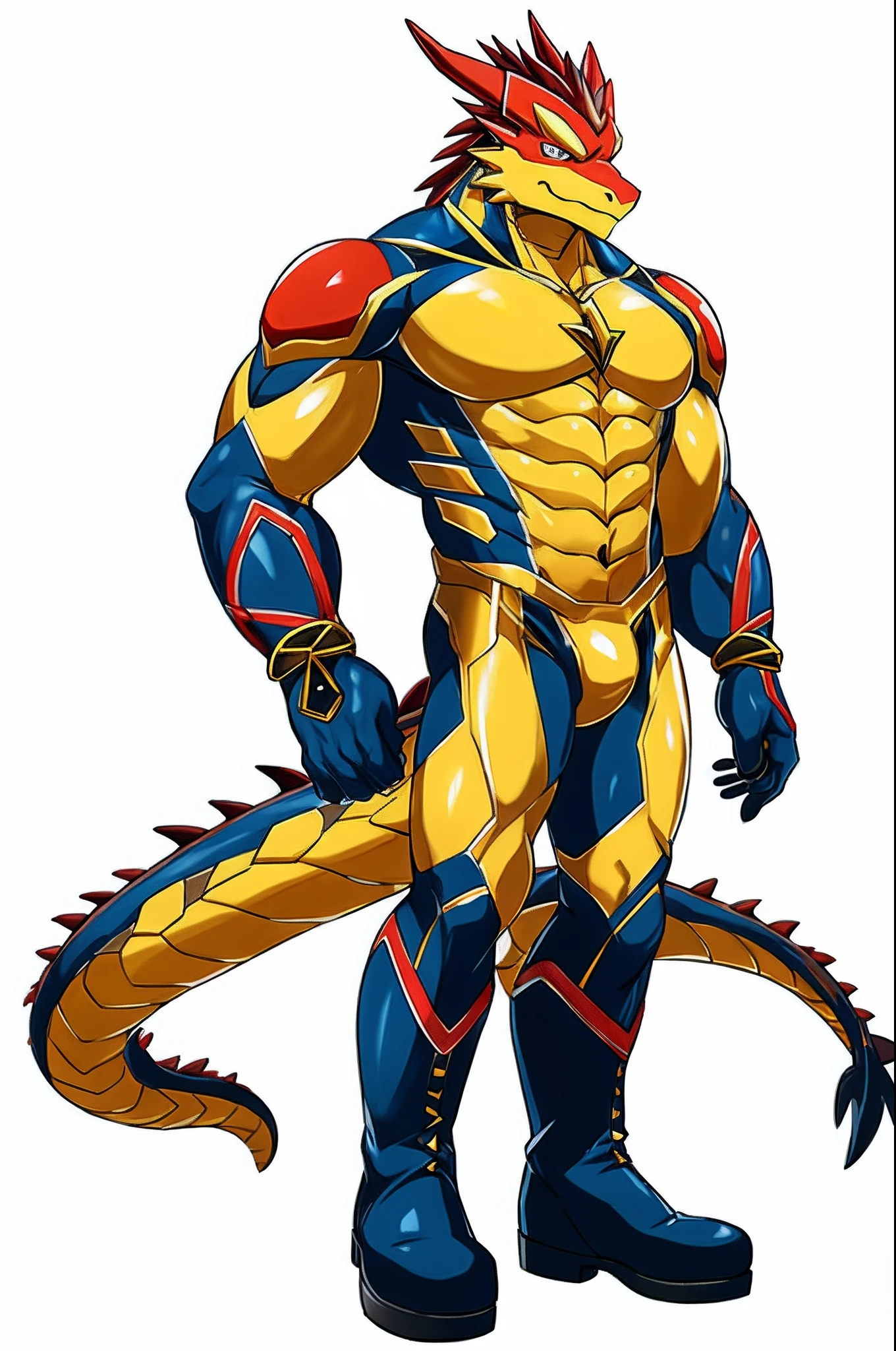 masutepiece, Best Quality, anime style illustration,White background, Simple background, Standing portrait of a character, 1male, Solo, dragon man, Furry, Superhero, gold bodysuit, boots, Full body,Look at viewers,