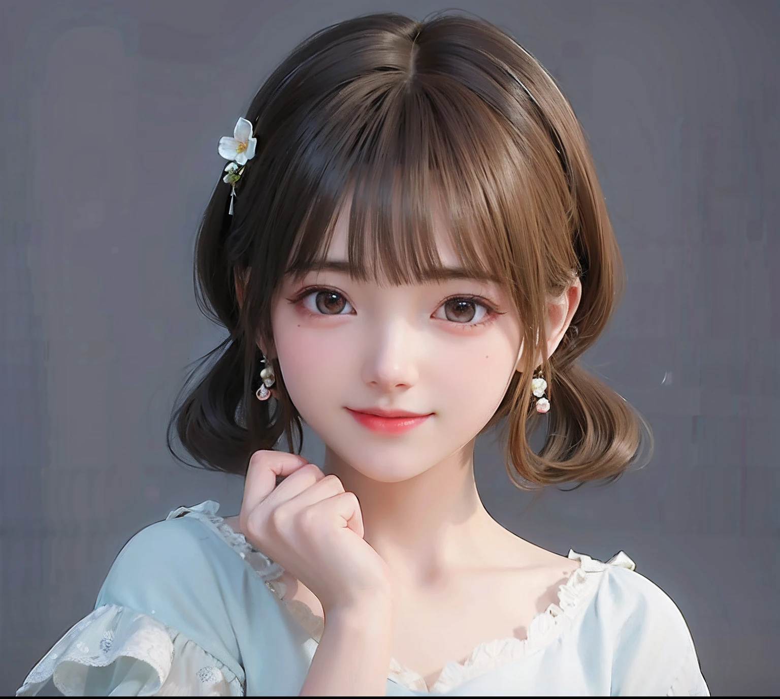 There is one girl，A flower stuck in his hair，Wearing a blue dress, Kawaii realistic portrait, Cute natural anime face, Cute anime girl, cute delicate face, Young and cute face, with cute - fine - face, portrait cute-fine-face, girl cute-fine face, Cute anime girl portrait, Realistic cute girl painting, Realistic anime 3 D style