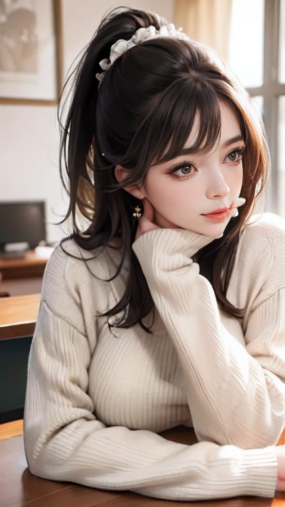 (masterpiece),(Put your arm on the desk and put your cheek cane on your cheek)femele,Pretty face,Eyes looking lovingly,Breast size:1.1(sweater),At a front angle, please,Close-up, please.