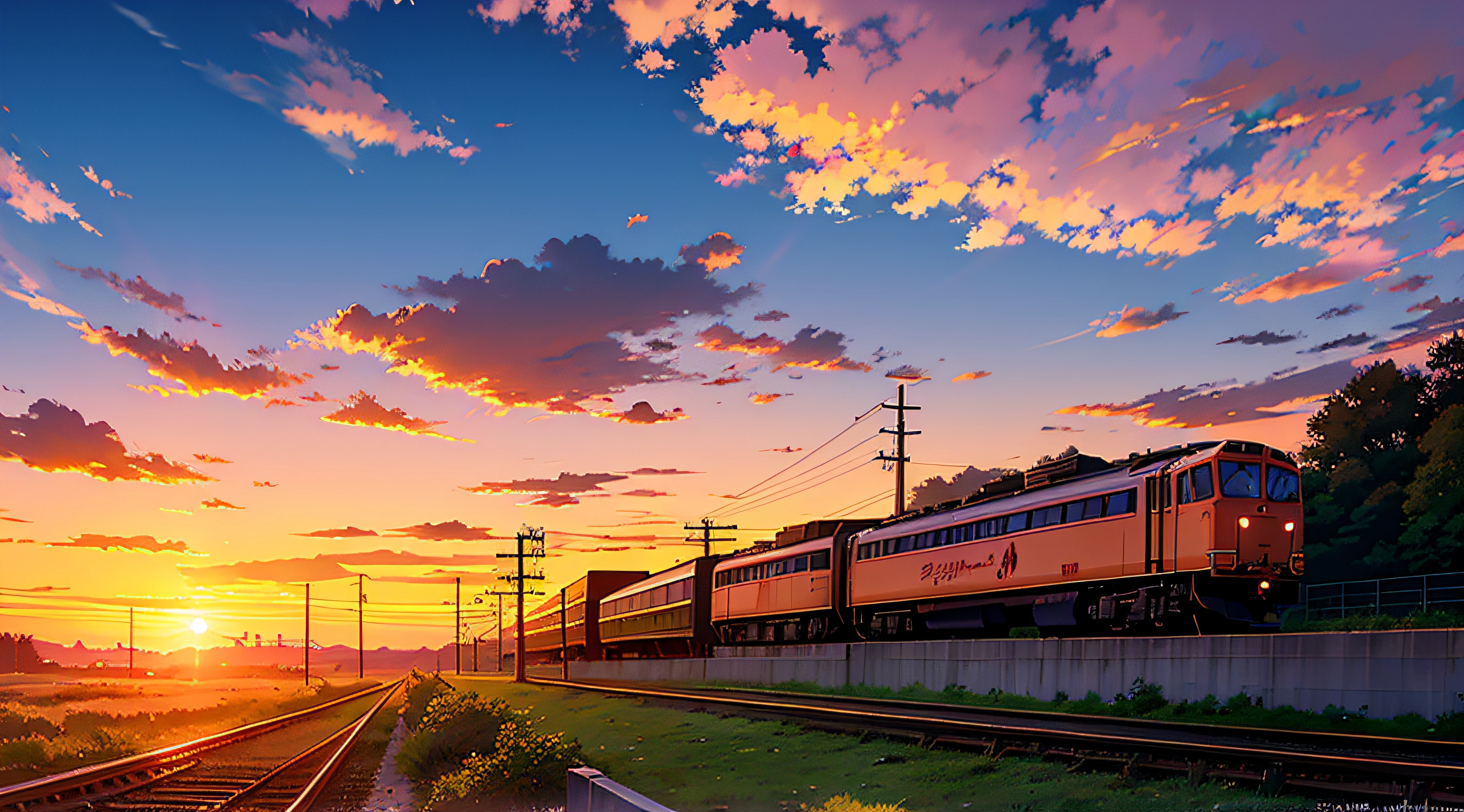anime scenery of a sunset with a train passing by, beautiful anime scene, beautiful anime scenery, anime background art, anime sky, anime scenery, anime landscape wallpaper, amazing wallpaper, anime background, cosmic skies. by makoto shinkai, detailed scenery —width 672, scenery artwork, anime landscape, anime beautiful peace scene, watching the sun set. anime