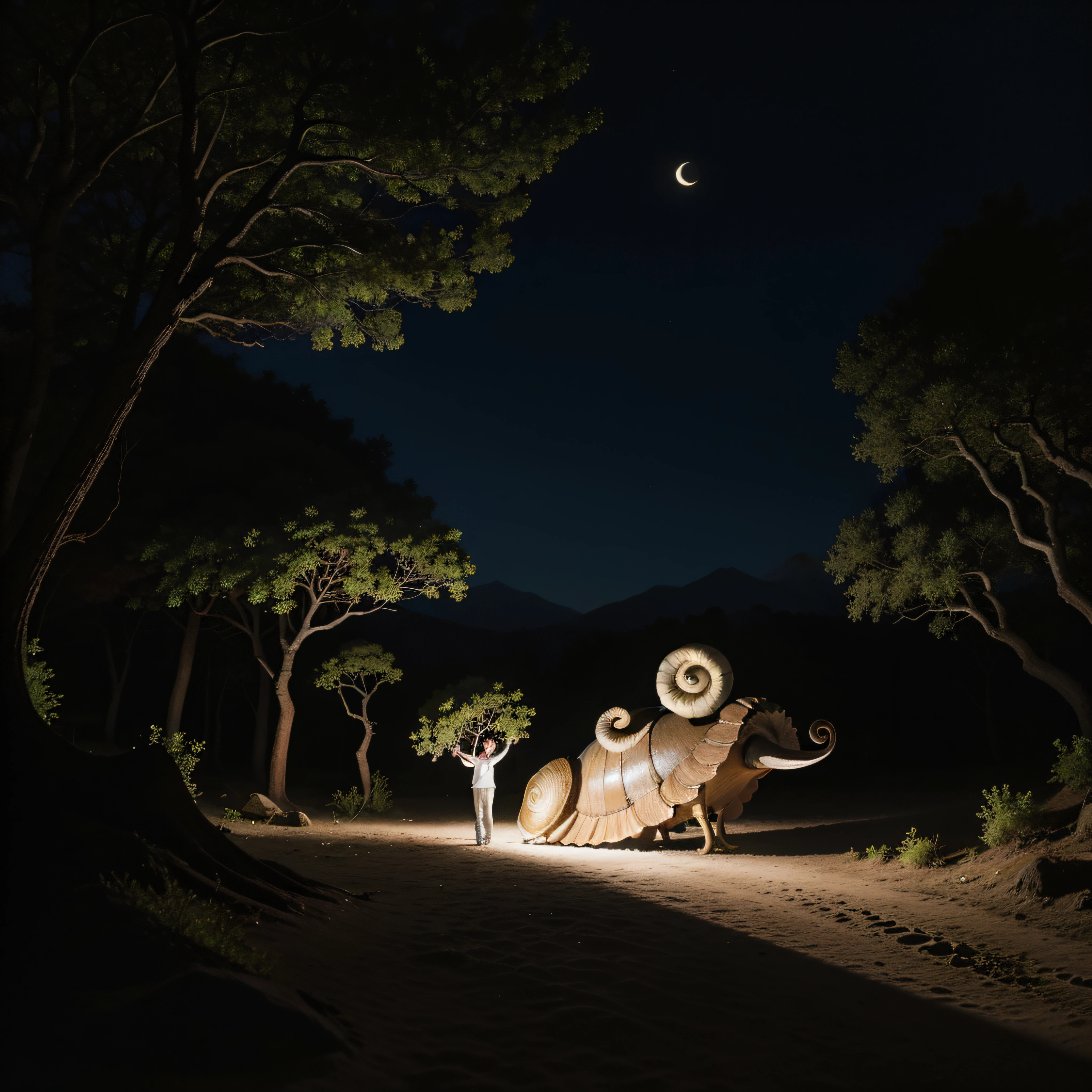 (extremadamente detallado, obra maestra, La mejor calidad, foto antigua, principios de siglo) Man with giant snail shell on his back, una linterna directa lo ilumina, bosque de noche. plano cercano. sangre por el suelo.