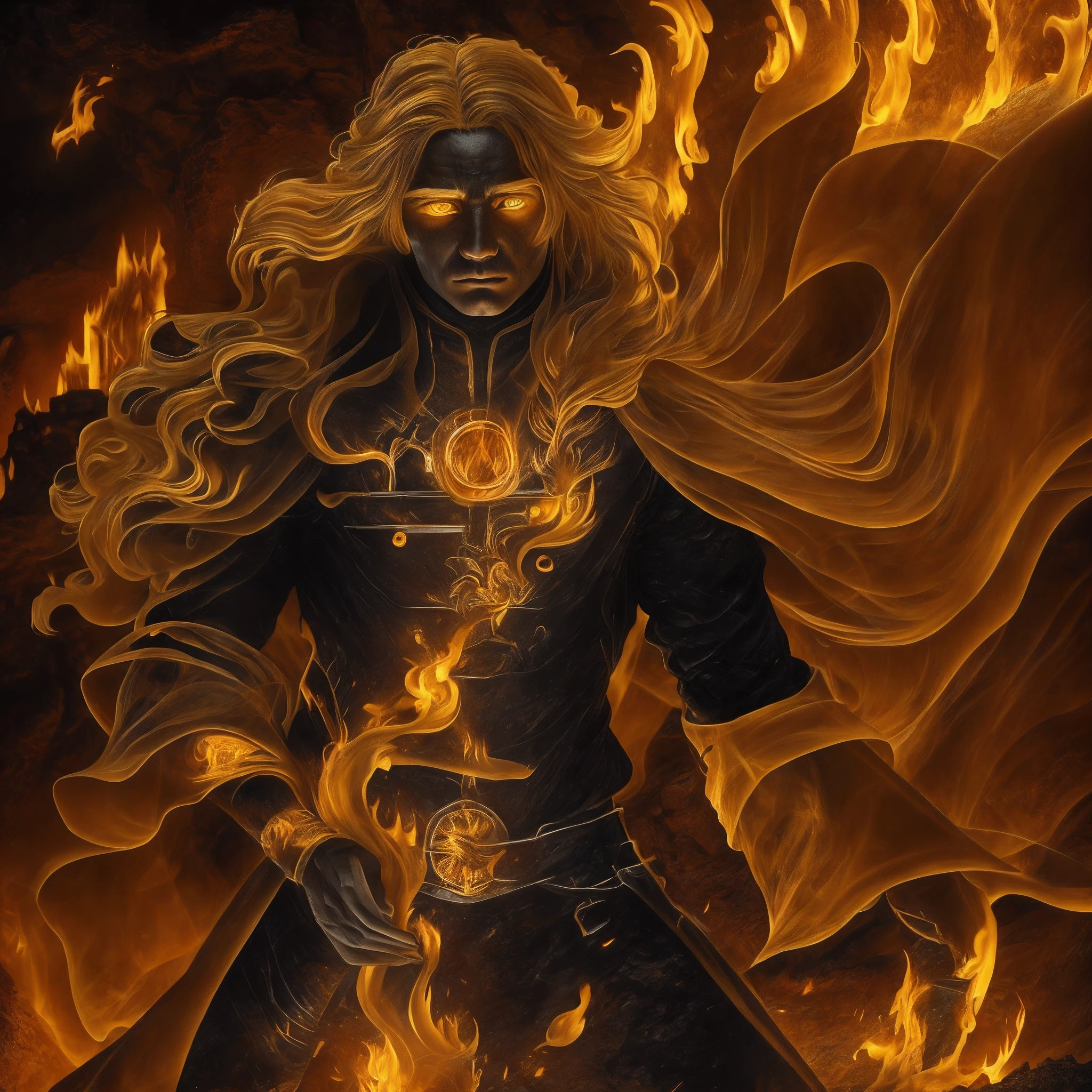Drawing, fantasy, realism, detail, dynamism of movements, portrait, man frozen in lava, detail, covered with ash (detailing), man 30 years old, covered with lava, yellow eyes visible, fire, frozen lava, cave, clarity 8 k