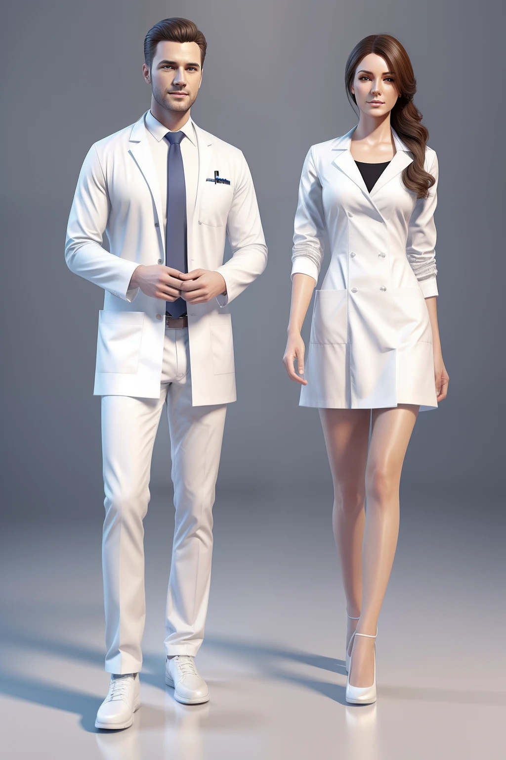 couple of pharmacist, white wardrobe, realistic, full body, standing, modeling, white background, elegant, digital painting, trending on artstation, concept art, sharp focus, 4k.