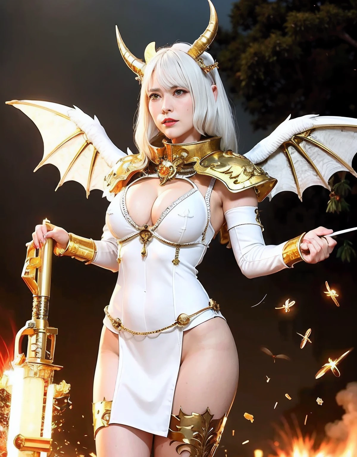 Professional , masterpiece、top-quality、photos realistic , depth of fields 、Idle Smile、(White Gemstone Body:1.9),(Matte white with gold pattern、(cleavage of the breast)、Jewel Gold Weapon、Particles of light、Gemstone Body White:1.4),Gorgeous gold weapons ,(( Dragon dense and gorgeous dragon sword)) , (demonic wings) ,warhammer 40k 、((White hair))、(Castle background)、(demonic wings)、((Gangle's forest background))、Beautiful Caucasian beauty、1a person、dynamic ungle,(((Two devil's horns on the head)))、Smaller head、Idle Smile、Thin and beautiful female hands、cleavage of the breast、Mystical expression、Light Effects、intense fighting、Wind-effect、magic circles、With the legendary magic wand、Dragon's tail、