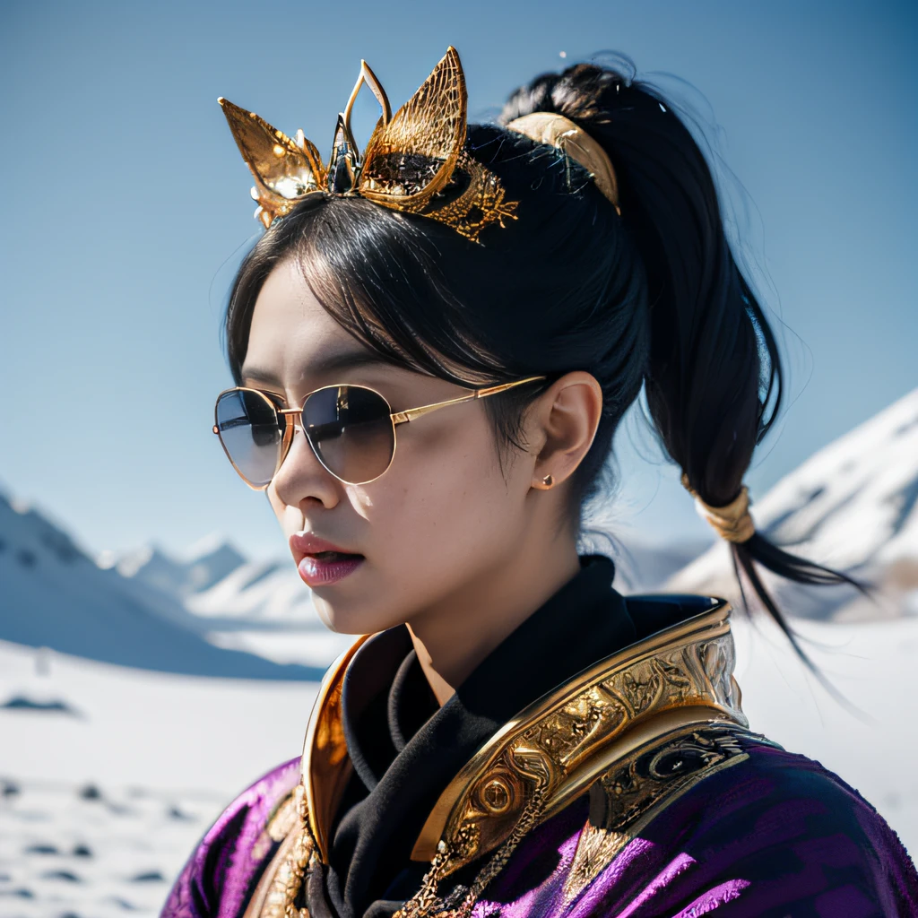 Lotus pond area，32K（tmasterpiece，k hd，hyper HD，32K）Purple-pink double ponytail，flower stick，Indigo Skull King ，Hold the heavy wooden steering wheel （The skeleton is realistic：1.4），Crocodile pattern robe，Rusty skull ornaments，Sargin linen cloak，Petals flutter，Deep gold sunglasses，Hold your head high，Be proud，The nostrils look at people，A primary and secondary school student， A high resolution，Xueba， the detail， RAW photogr， Sharp Re， Nikon D850 Film Stock Photo by Jefferies Lee 4 Kodak Portra 400 Camera F1.6 shots, Rich colors, ultra-realistic vivid textures, Dramatic lighting, Unreal Engine Art Station Trend, cinestir 800，Hold your head high，Lateral face，Be proud，The nostrils look at people，Tsundere，Petals flutter，Petals flutter，Crocodiles sprinkled with gold dust，Fluttering，Impeccable，( reasonable design, Clear lines, High sharpness,Best quality, Very detailed skeleton, The skeleton of a masterpiece, offcial art, movie light effect, 8K crocodile skeleton（（（Platinum marble sunglasses）））Deep gold sunglasses，side portrait