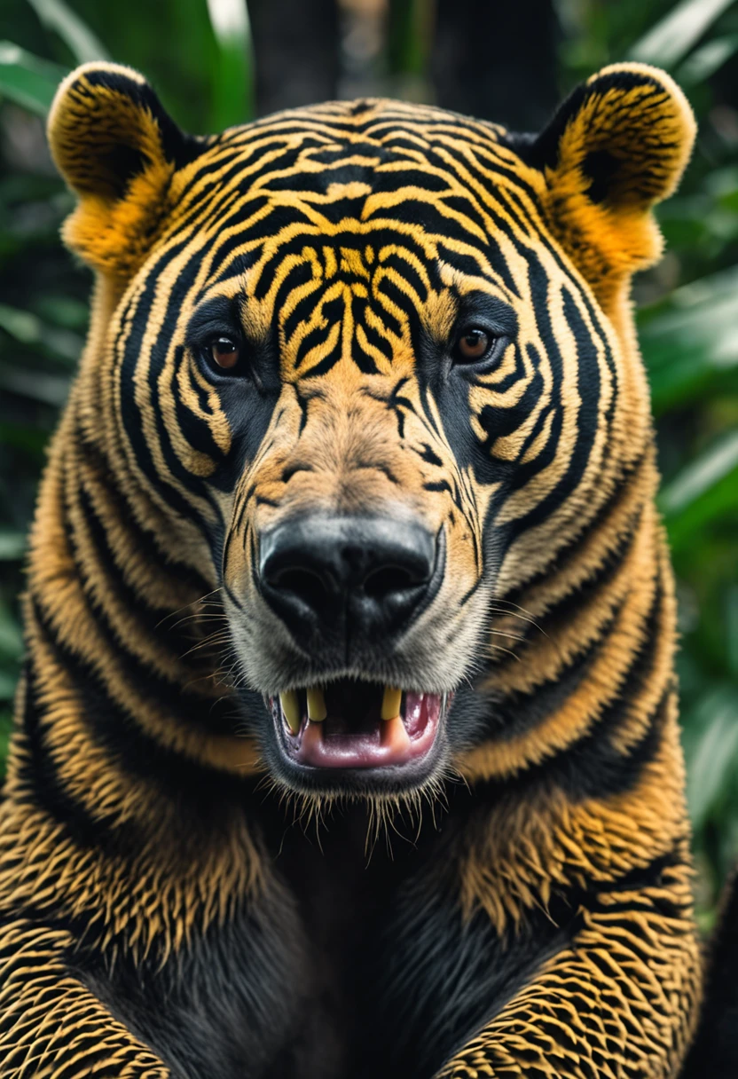 High nation-geographic symmetrical close-up portrait shoot in green jungle of an expressive Sun bear, anamorphic lens, ultra-realistic, hyper-detailed, green-core, jungle-core –ar 16:9 –q 2 –v 5