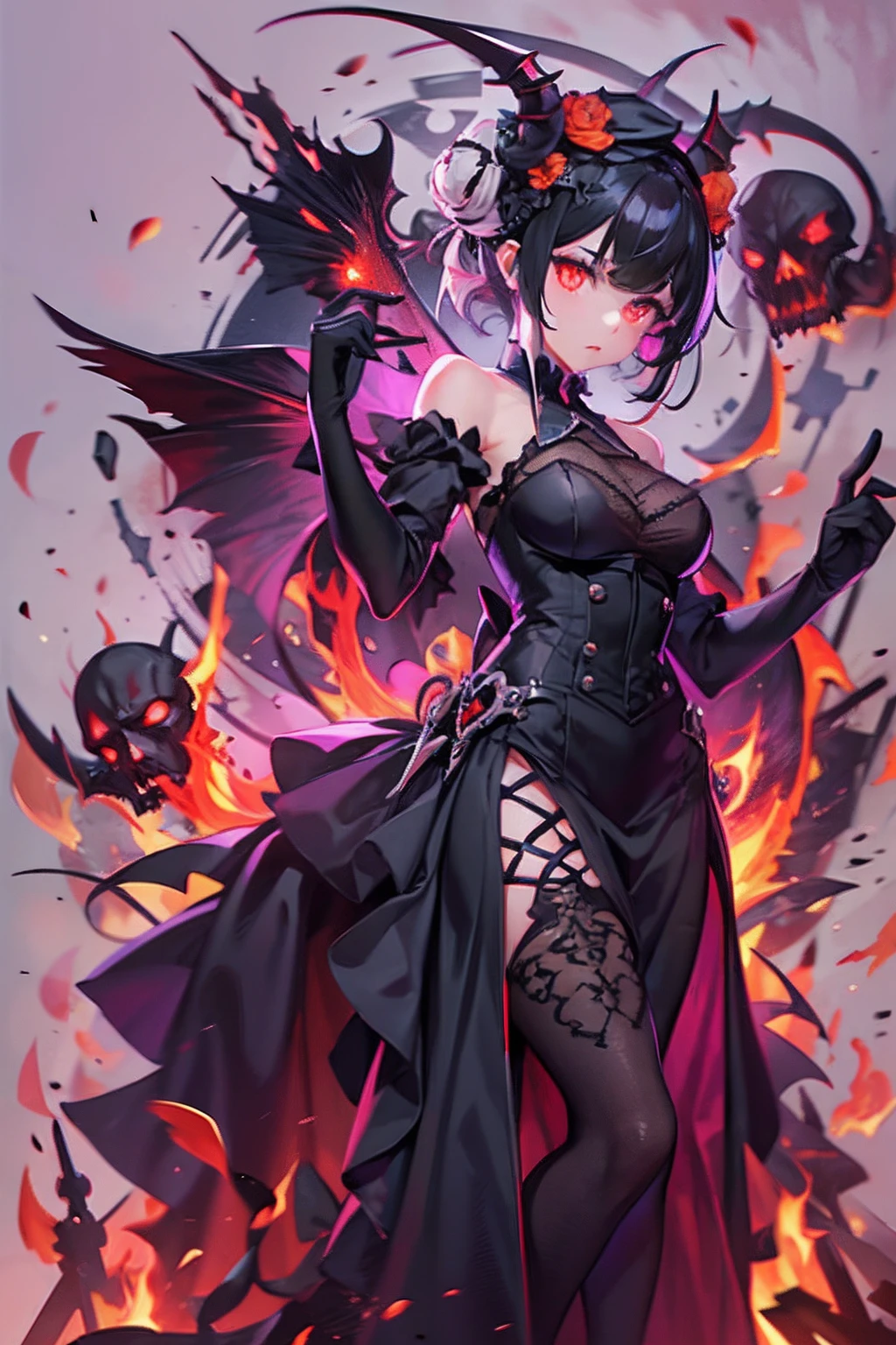 1 girl, demon girl, solo, black hair, short straight hair, gloves, bun updo, side bangs, long horns, ultra detailed red and black eyes, slit_pupils, gothic dress, sleeveless gothic dress, light gothic dress, skirtless gothic dress, gothic cathedral, glowing flames surrounding the girl, exuding flames from eyes, dim lighting, warm colours, fascinator_hat, beautiful pose, serious expression