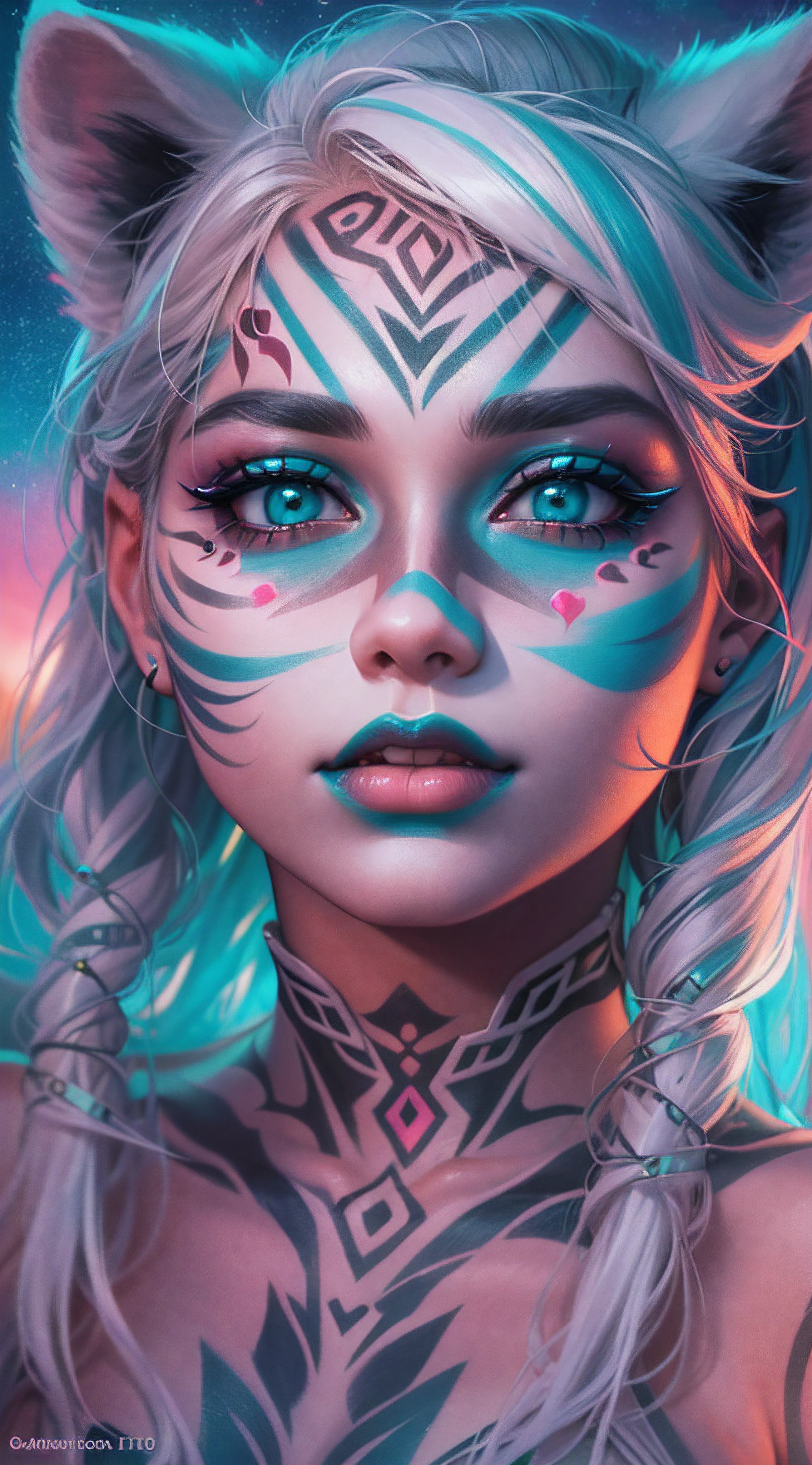 32k, total nude full body view from head to toe, ((without clothes, absolutely nude)), very beautiful tribal raccoon sexy young 20 yo woman with excessive intricately detailed vivdly colorful facepaint bodypaint makeup, stunning radiant teal eyes, gorgeous white hair with pink highlights, magical night sky background