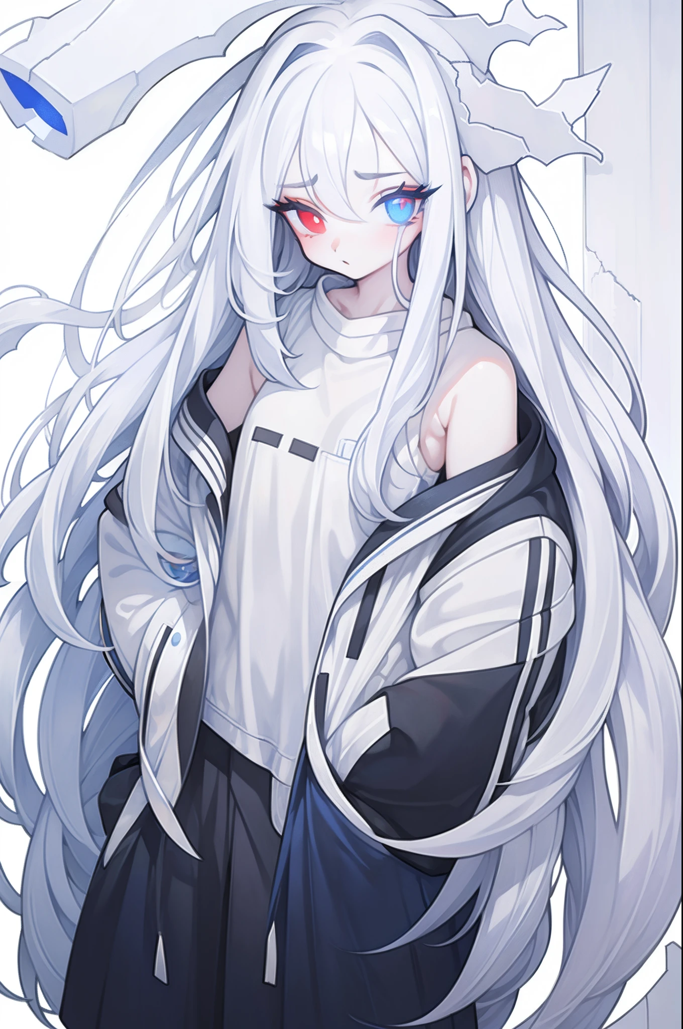 white hair, messy hair, long hair, (expressive eyes, heterochromia,red eye, blue eye, glowing eyes),[(white background:1.9)::0.9], [(transparent background:1.3)::5], \\ masterpiece,best quality,flat color,offical art,white theme,(ultra-detailed),(illustration),ink and wash painting, heterochromia,red eye, blue eye, cold face,looking_at_viewer,1 girl,solo,[(white hair:1.2):(blue hair:1.2):0.5],long hair,wavy hair,bare shoulder,((cold expression)),black tracksuit, cute face,white stocking, red_inner_hair,lots of bandages,(put hands in the pocket:1.4),