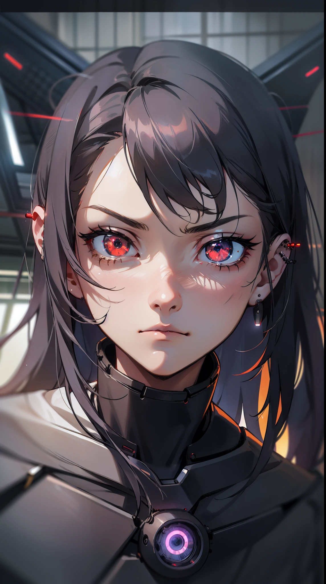 ((masterpiece)), best quality, 8k, high quality, high resolution, super detailed, ultra detailed, photorealistic, relentless and finely detailed face and eyes, ultra detailed and detailed skin texture, soulless robotic eyes, perfect face, 1 girl, ebony mechanical shell, (stealth assassin design), piercing red ocular implants, (inhuman aura), concealed blades in each arm, lurking in the shadows, emotionless gaze, ((stoic expression)), night, high-tech facility, dimly lit corridors, high-security environment, (faint humming), (sinister echoes), since engineered inception, Echelon, robotic eyes, background of high-tech facility.