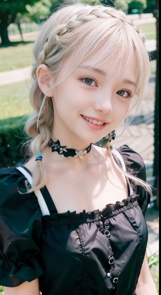 (ultra-detailliert), Cute princess dresses in black color,(frilly dress),(shortsleeves),Blue eyes,The upper part of the body、a closeup、faces、(A smile:1.5),(facing front:1.2), 20yr old, teens girl,no tail,(no tail),2D, masterpiece, top-quality, animesque, A detailed eye, A detailed face, girl with, Only 1 person,Silver-haired medium hair, (a blond), Ear Hair, small tits, Single braid, (Single braid), (Side braid), Pink ribbon, Ribbon around the neck, (White sleeves), seaside backgroud