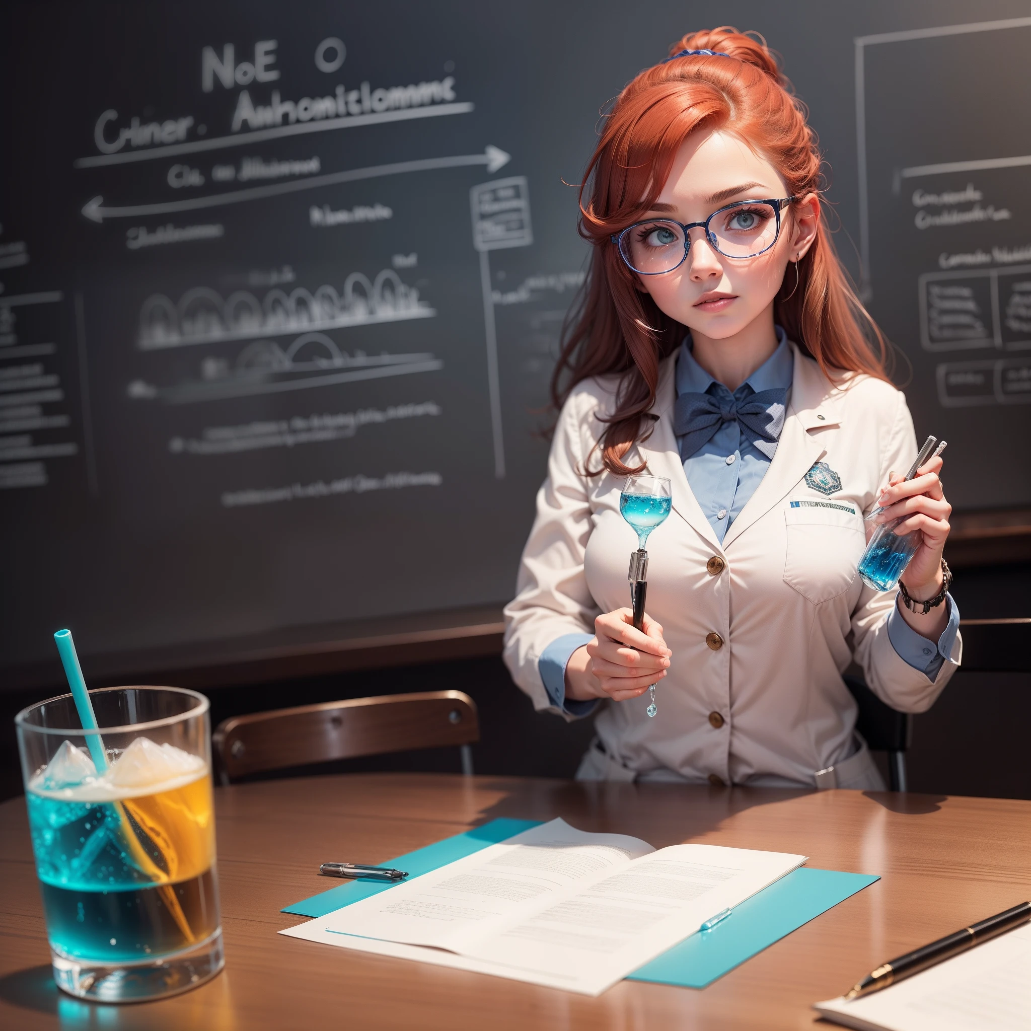 Crie com estilo conservador, uma cientista ruiva, com olhar curioso, round glasses, de jaleco, entusiasmada, na escola, writing the molecular structure of water on the board.