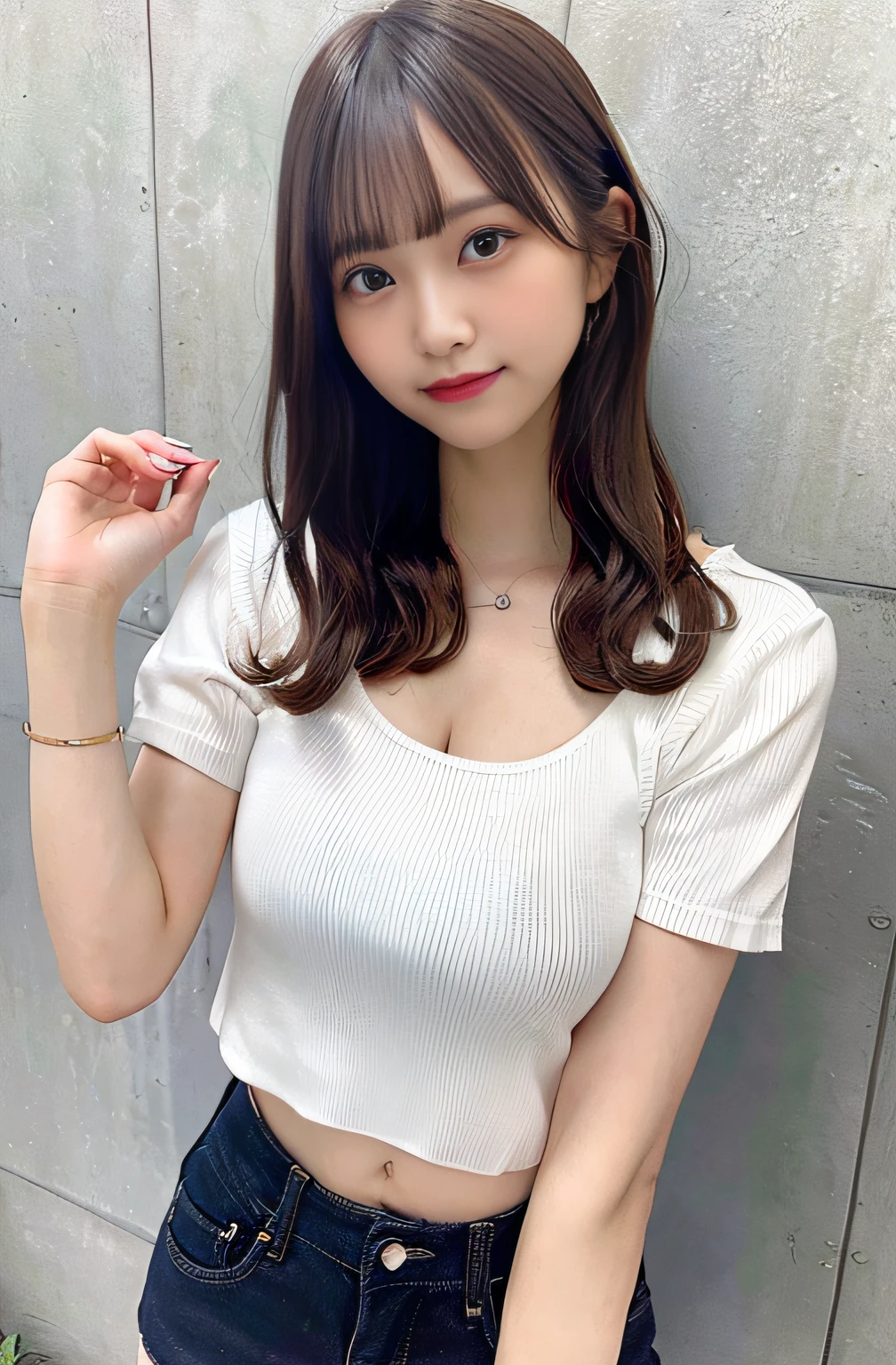 masterpiece, Better Quality, hight resolution, Two young women、Navel、Waki、Plain T-shirt、Short hair with a belly button visible、harems,Curly hair、thighs thighs thighs thighs、happily face,cleavage of the breast、shortpants、JINS、