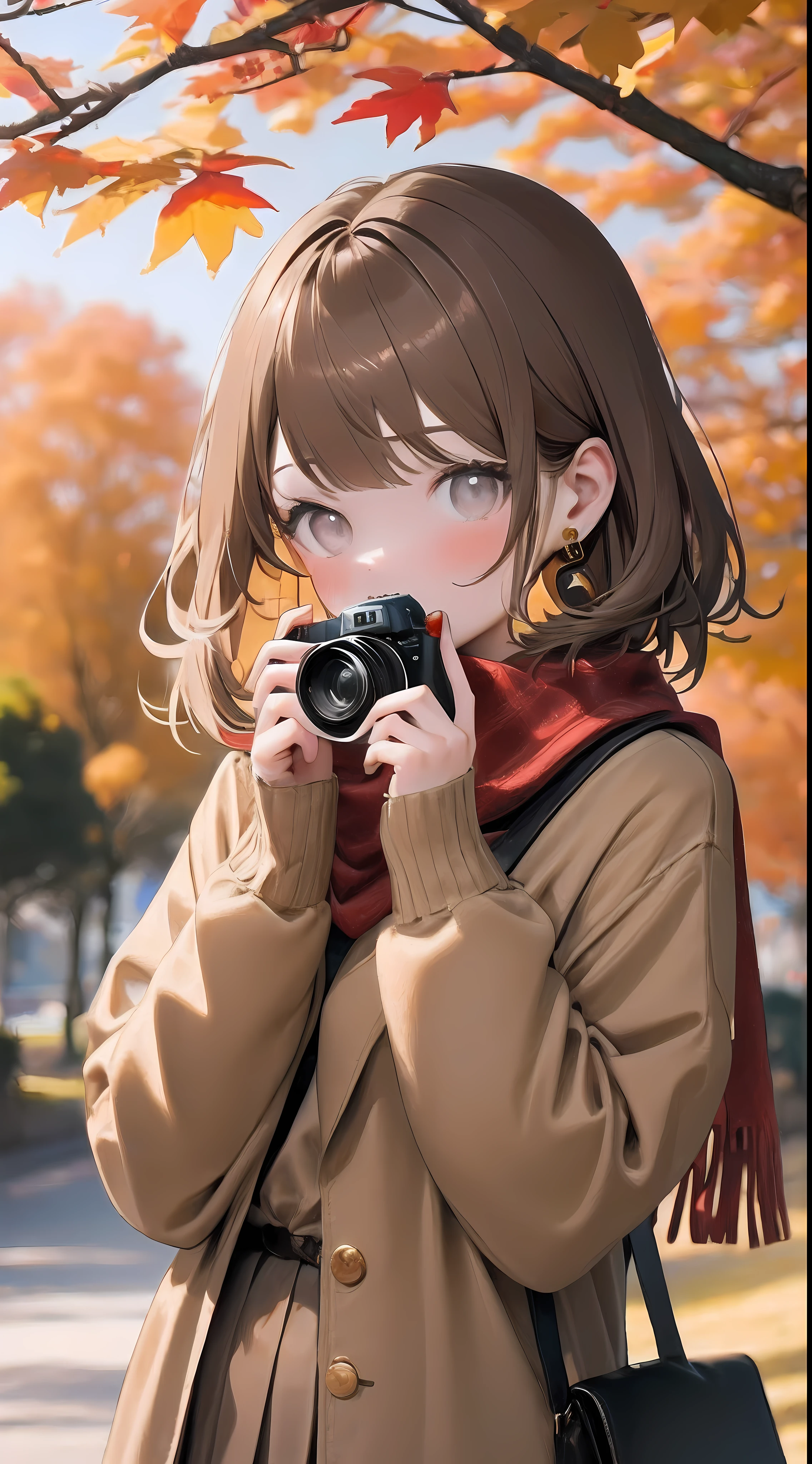 (best quality, masterpiece:1.2) 1girl, solo, autumn leaves, holding camera, autumn, brown hair, looking at viewer, blush, red scarf, outdoors, long sleeves, maple leaf, upper body, blurry background, depth of field, earrings, sleeves past wrists, sweater, medium hair, blurry foreground, grey eyes, tree, covered mouth, brown skirt, day, buttons, pleated skirt
