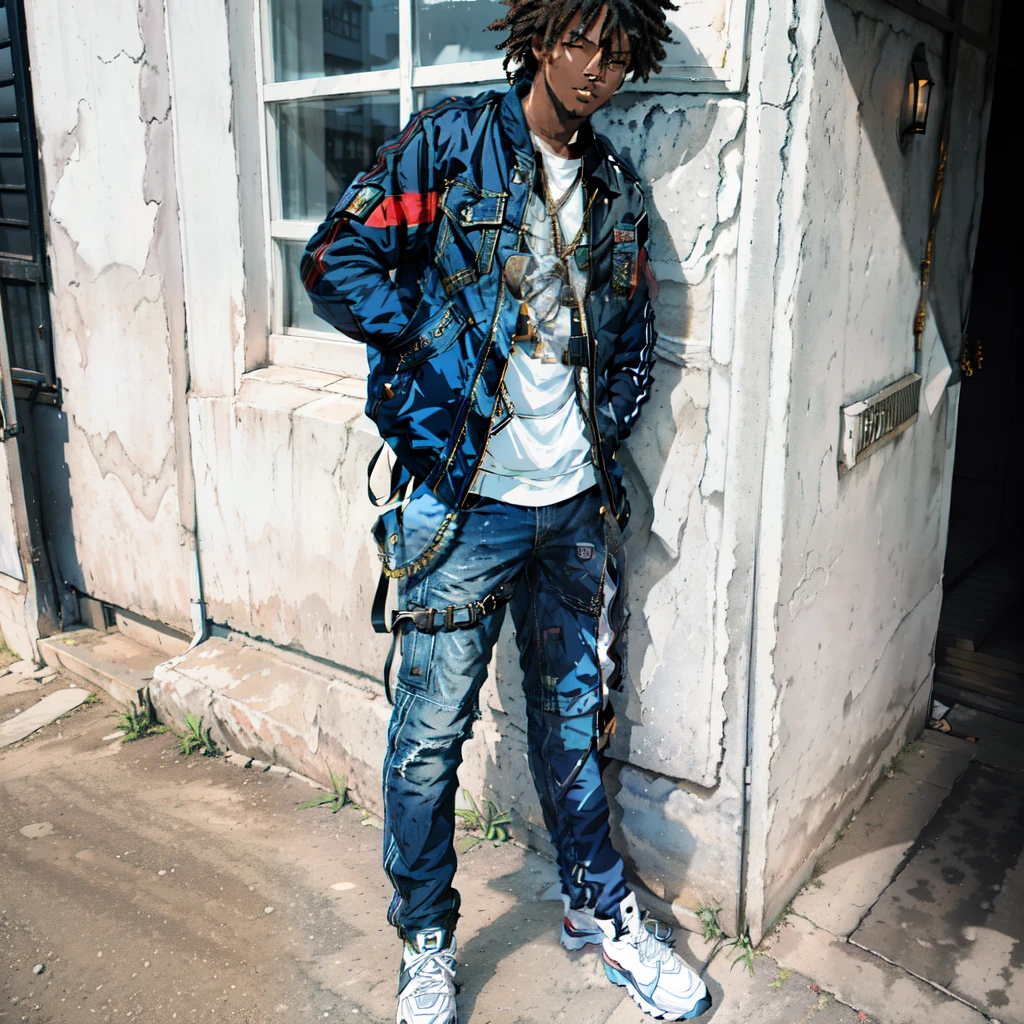 there is an African man standing in front of a building with a jacket on, with a cool pose, looking heckin cool and stylish, sakuga gunplay, taken in the early 2020s, cool pose, photo shoot, modelling, mongezi ncaphayi, stylish pose, fullbody shot