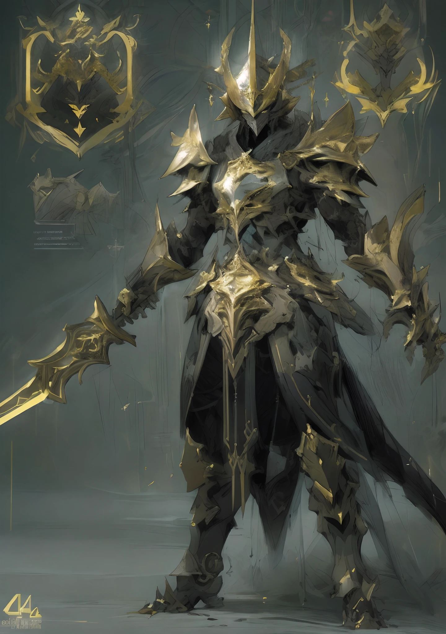 Design a layout showcase Gameing Character, a Warrior. Golden+Black armor, stylish and unique. Detailed huge sword. (masterpiece:1.2), (best quality), 4k, ultra-detailed, (dynamic composition: 1.4), Step by step design, layout art,(luminous lighting, atmospheric lighting), gloomy, magical, (((glove full hands))),