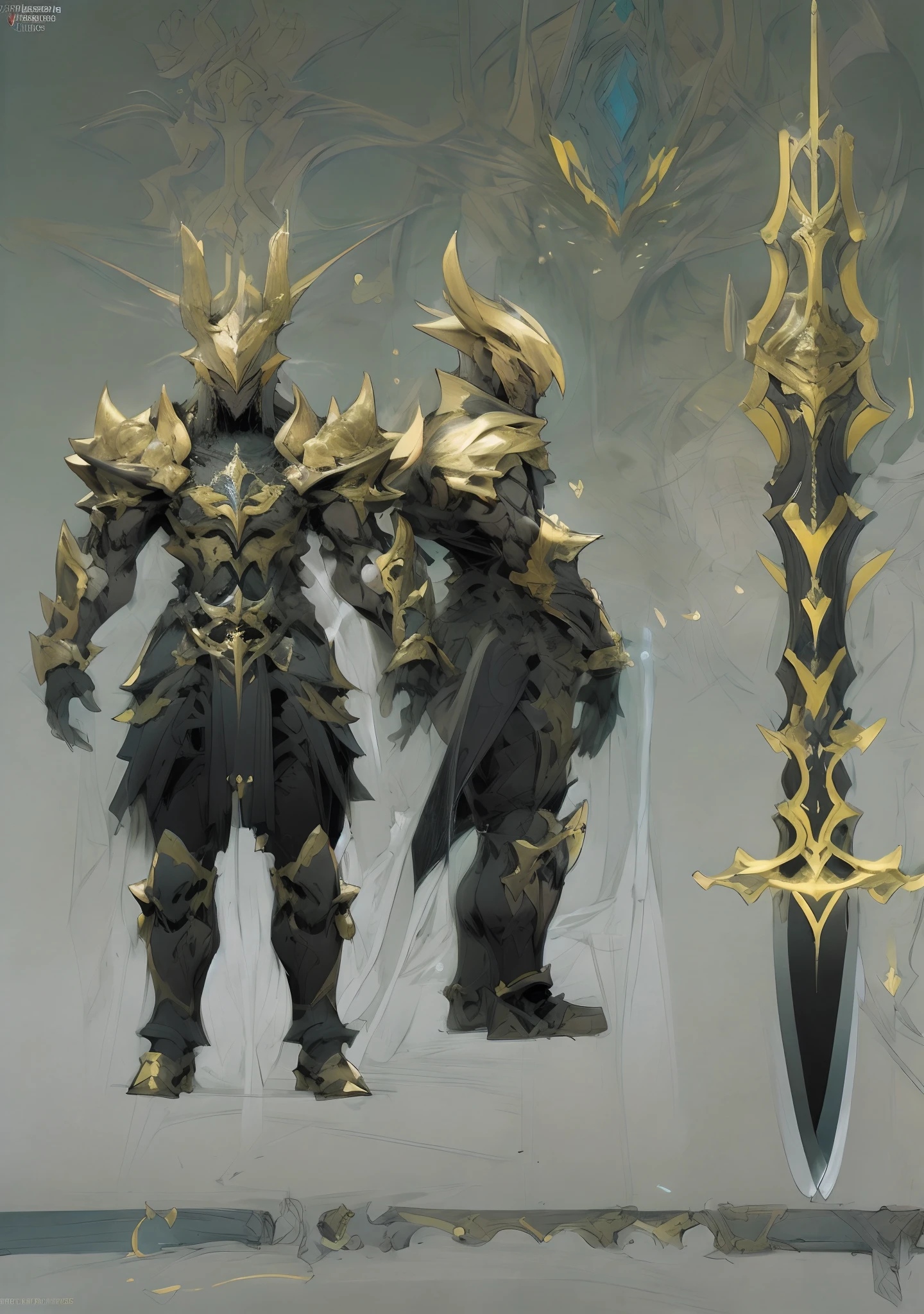 Design a layout showcase Gameing Character, a Warrior. Golden+Black armor, stylish and unique. Detailed huge sword. (masterpiece:1.2), (best quality), 4k, ultra-detailed, (dynamic composition: 1.4), Step by step design, layout art,(luminous lighting, atmospheric lighting), gloomy, magical, (((glove full hands))),