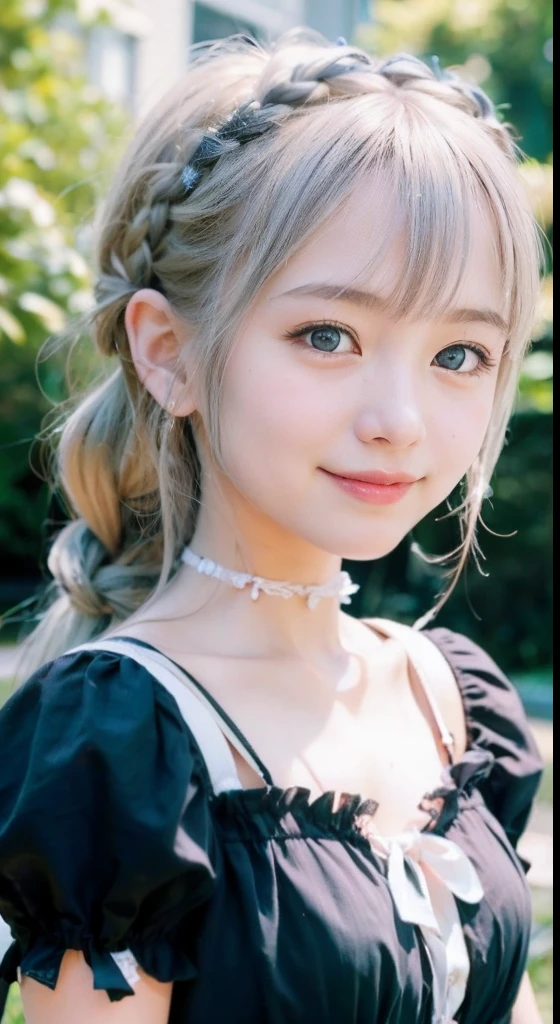 (ultra-detailliert), Frontal Face,head shot, Front view,Cute princess dresses in black color,(frilly dress),(shortsleeves),Blue eyes,The upper part of the body、a closeup、faces、(A smile:1.5),(facing front:1.2), 20yr old, s girl,no tail,(no tail),2D, masterpiece, top-quality, animesque, A detailed eye, A detailed face, girl with, Only 1 person,Silver-haired medium hair, (a blond), Ear Hair, small tits, Single braid, (Single braid), (Side braid), Pink ribbon, Ribbon around the neck, (White sleeves), seaside backgroud