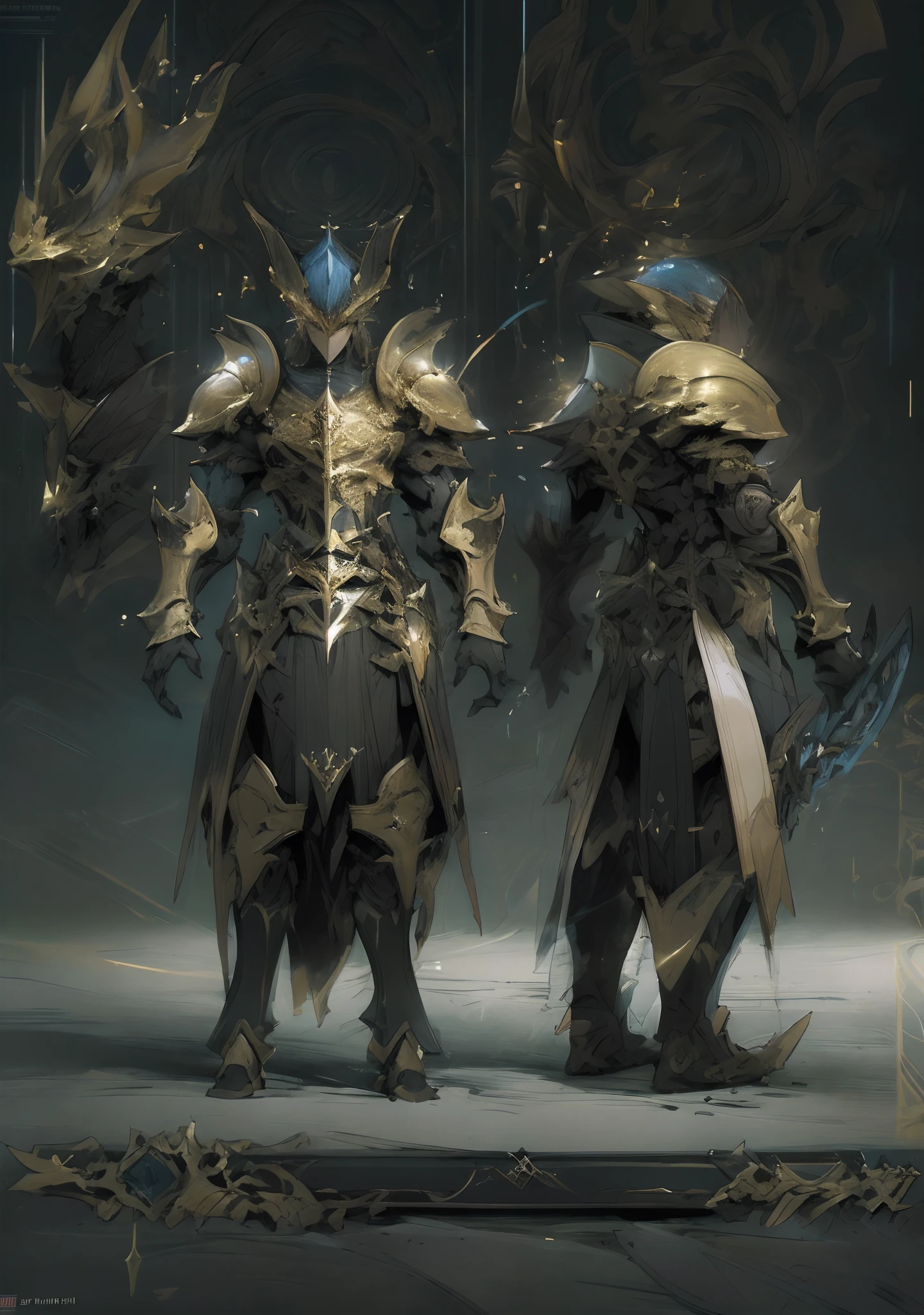 Design a layout showcase Gameing Character, a Warrior. Golden+Black armor, stylish and unique. Detailed huge sword. (masterpiece:1.2), (best quality), 4k, ultra-detailed, (dynamic composition: 1.4), Step by step design, layout art,(luminous lighting, atmospheric lighting), gloomy, magical, (((glove full hands))),