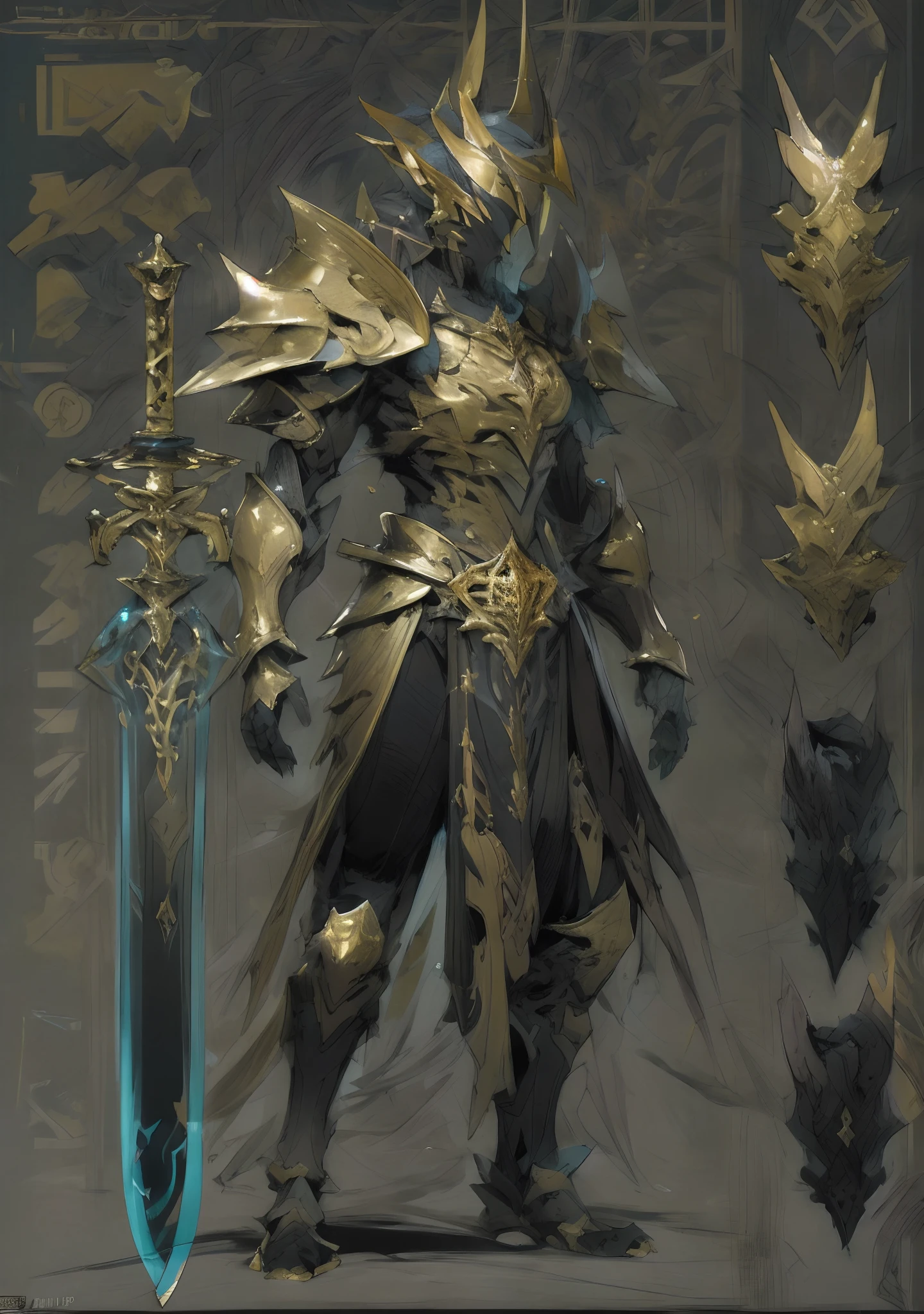 Design a layout showcase Gameing Character, a Warrior. Golden+Black armor, stylish and unique. Detailed huge sword. (masterpiece:1.2), (best quality), 4k, ultra-detailed, (dynamic composition: 1.4), Step by step design, layout art,(luminous lighting, atmospheric lighting), gloomy, magical, (((glove full hands))),