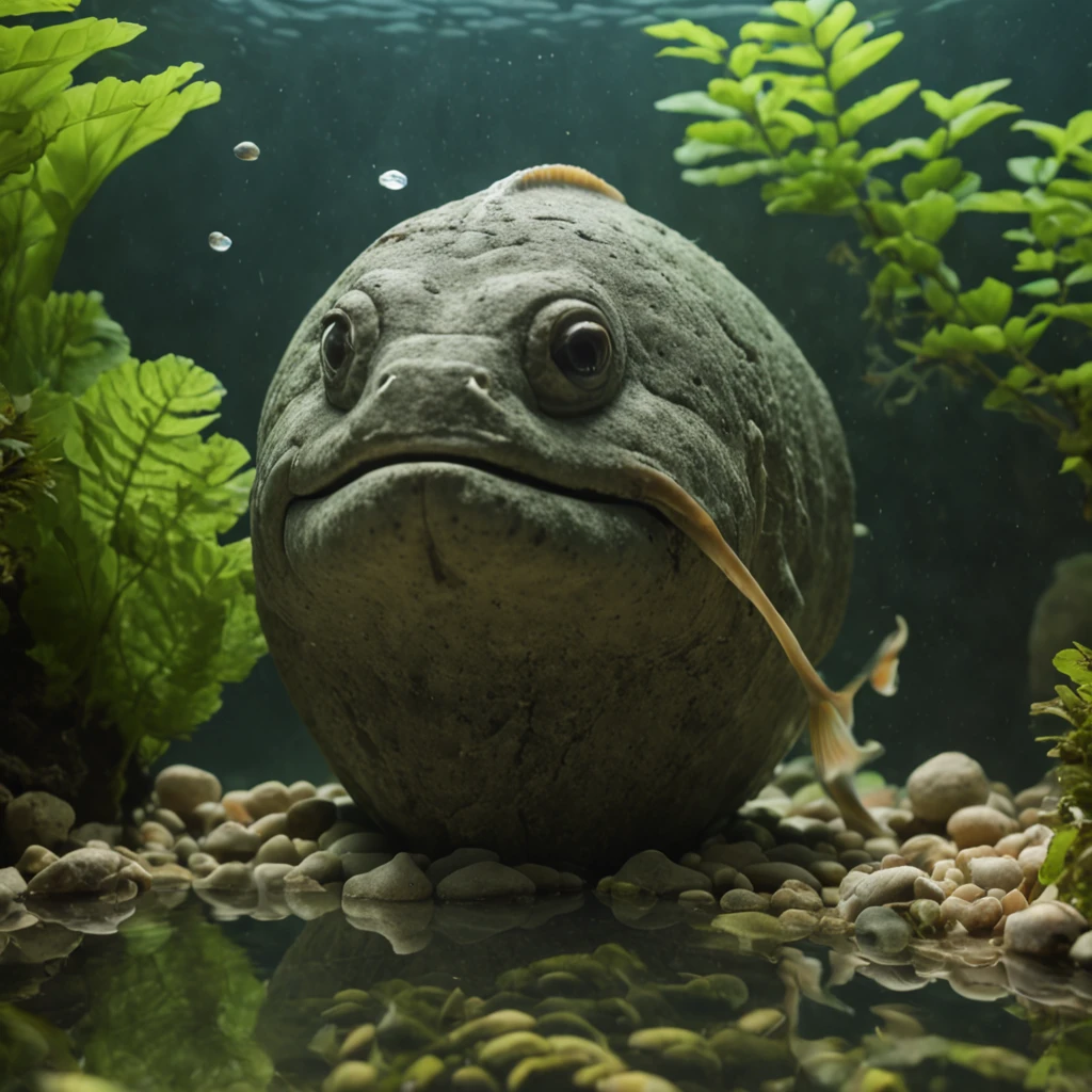 "realistic portrayal of a stone with perfume, a fish swimming in water surrounded by algae, set against a jungle backdrop"