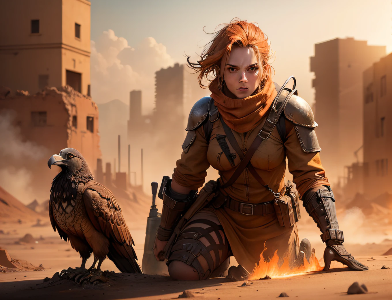 "Create an awe-inspiring depiction of a fiery, post-apocalyptic wasteland known as the 'Hot Earth'. Use your mastery to portray the scorching heat, billowing smoke, and crumbling buildings. Add dynamic figures in desert survivor outfits, highlighting their determination and resilience. Emphasize intense orange hues, dusty atmosphere, and soaring vultures for a chilling effect. Capture the essence of survival amidst a barren, unforgiving landscape."
