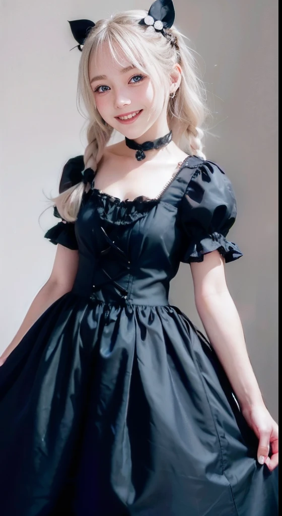 (ultra-detailliert), Cute princess dresses in black color,(frilly dress),(shortsleeves),Blue eyes,The upper part of the body、a closeup、faces、(A smile:1.5),(facing front:1.2), 20yr old, teens girl,no tail,(no tail),2D, masterpiece, top-quality, animesque, A detailed eye, A detailed face, girl with, Only 1 person,Silver-haired medium hair, (a blond), Ear Hair, small tits, Single braid, (Single braid), (Side braid), Pink ribbon, Ribbon around the neck, (White sleeves), Background bokeh