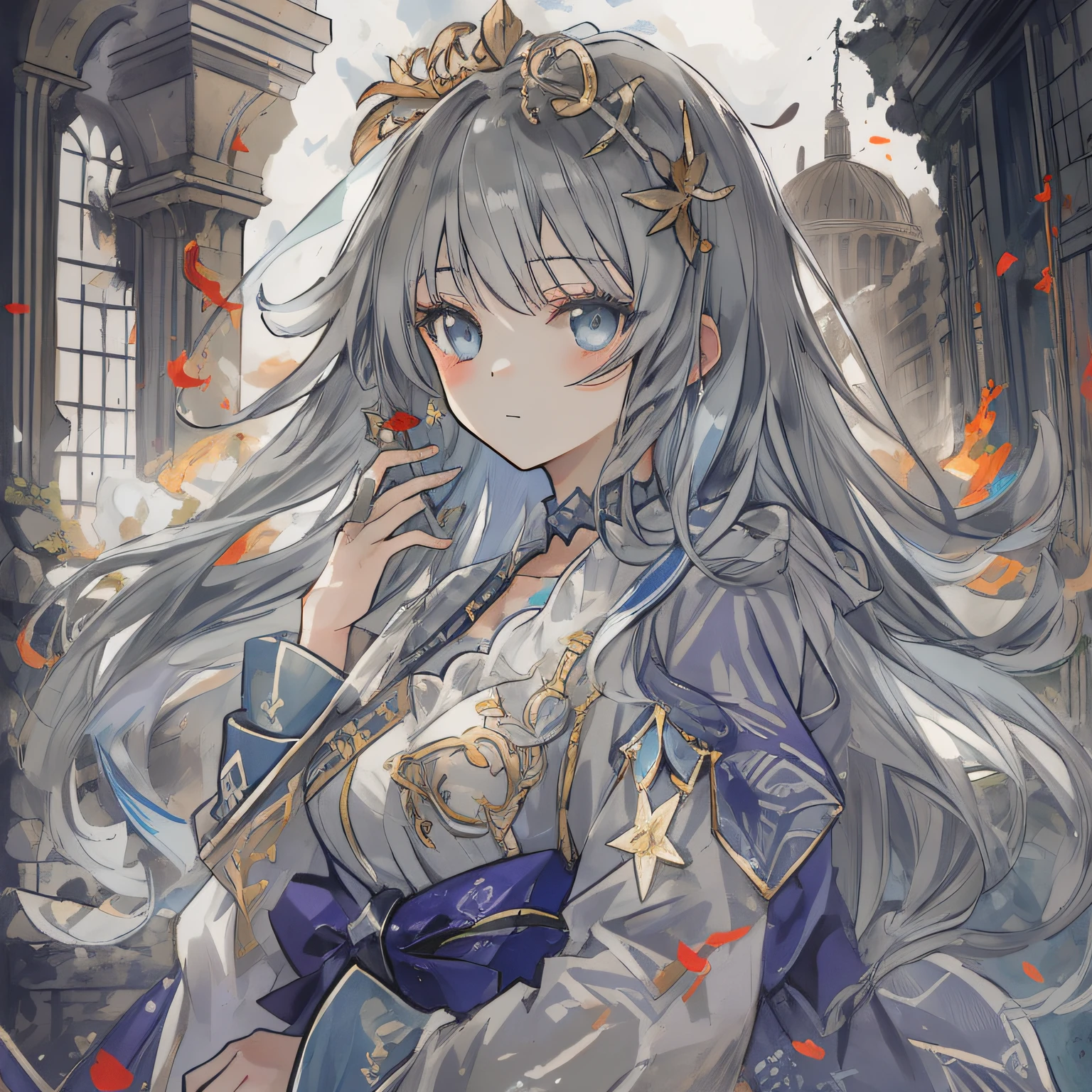 (tmasterpiece), (best qualtiy), ((1 rapariga)), astounding, beatiful detailed eyes, finely detailled, depth of fields, Original, (best qualtiy), (ultra-detailliert), (Most Best Illustration), (best illuminate, Best shadow), (Very fine and beautiful)), Very detailed wallpaper, Dream background, From the front side, scenecy, Young girls, Lori huge breasts cleavage, full bodyesbian, Long gray hair, ((Gray eye)), beatiful detailed eyes, mediuml breasts, (((Cobalt long dress)), Fluffy long sleeves, hair adornments, choker necklace, optic, Light makeup, outside, wind blown, afloat, Magic Circles,On the cabinet,UHR,mirrors,mid-air,(Among the ruins),(Flying flames),by lake