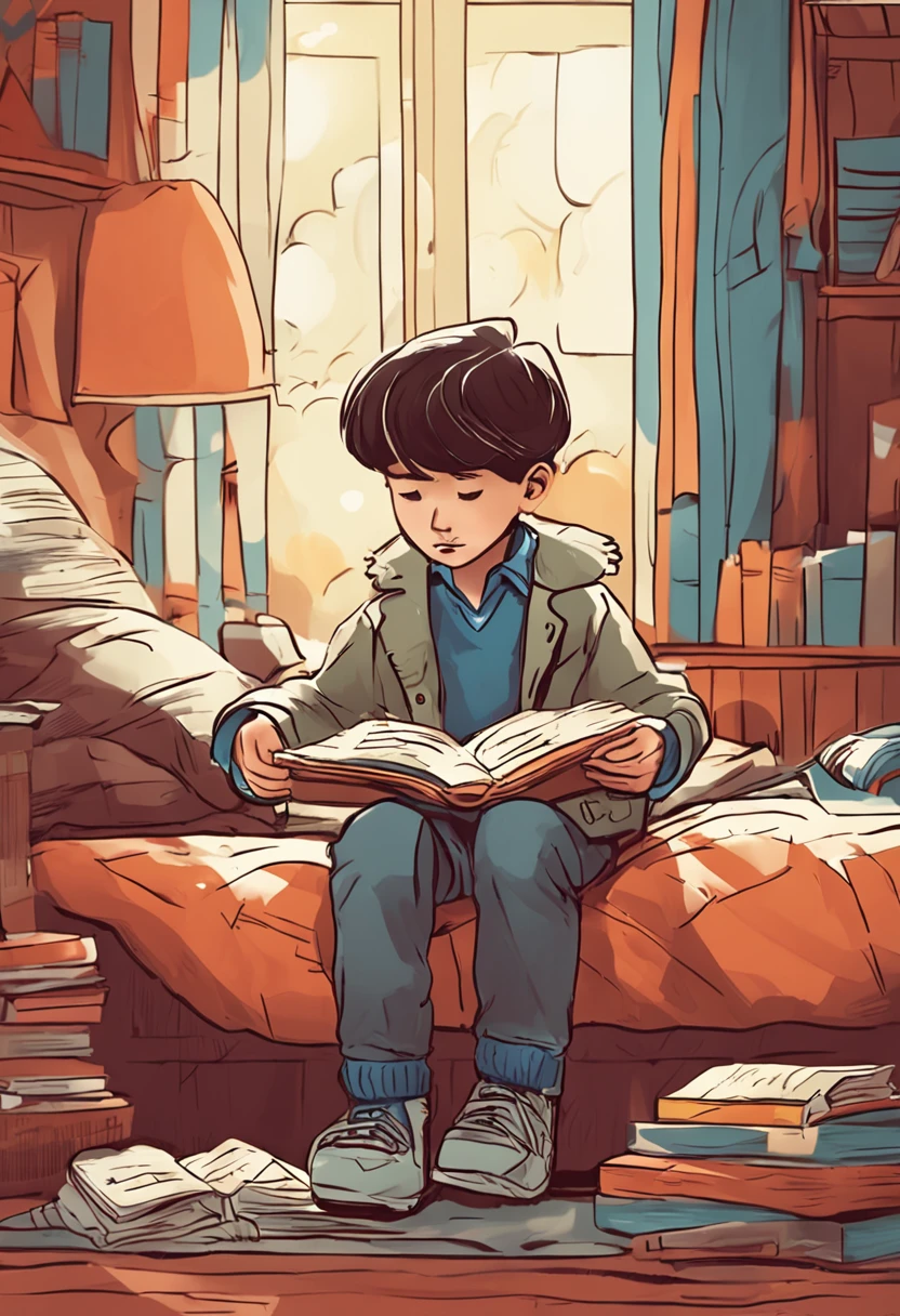 Childrenswear outfit, 児童書, A boy lies down reading a book, Being in the room, rays of sunshine, cheerful, stas