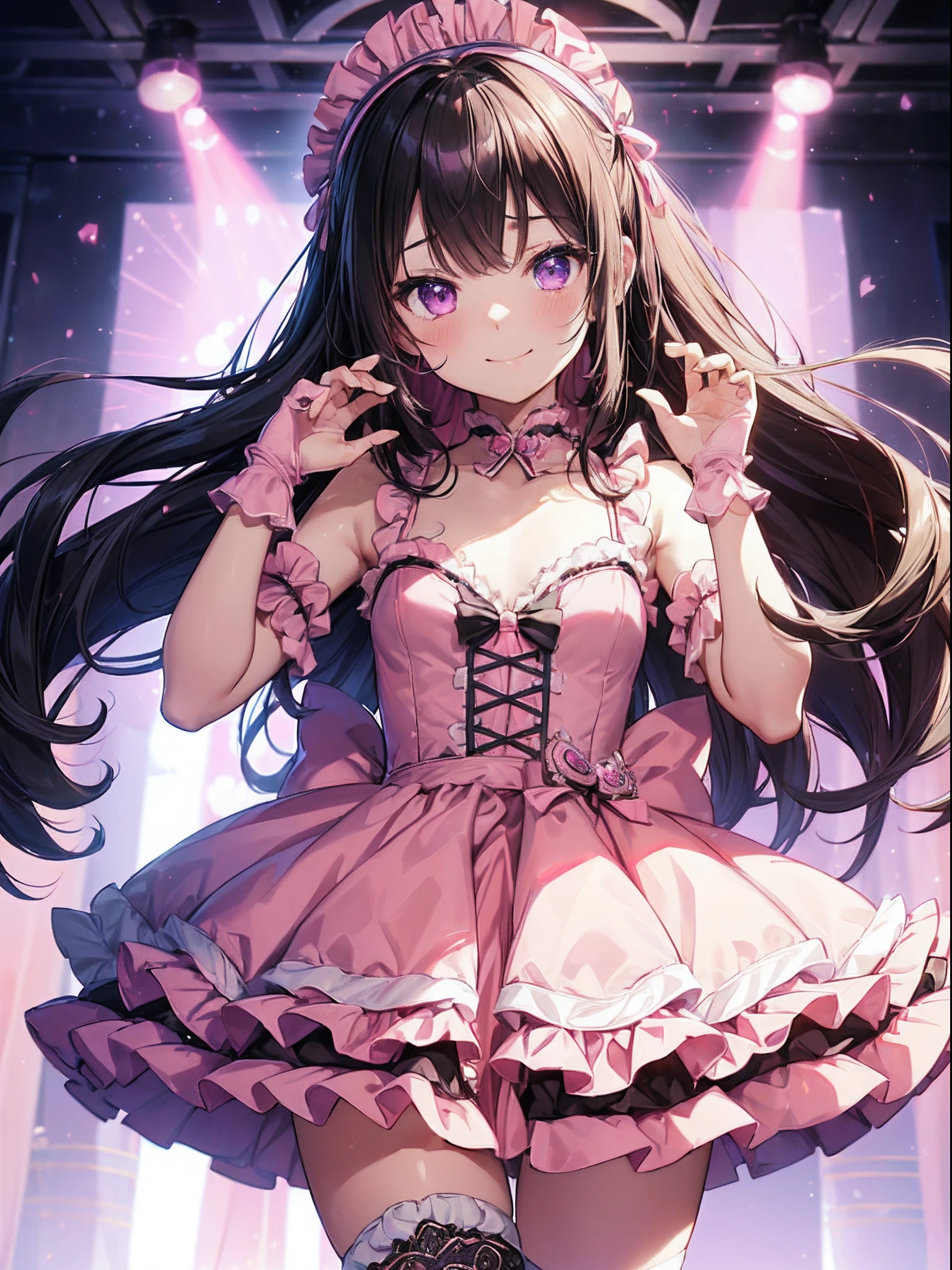 absurderes,(masterpiece、top-quality、8K ),intricate detailes,ultra-detailliert、1 down, (trap ,Otokonoko, Tom Girl:1.2), Solo, Male Focus, Very long hair, Cute anime face,(A slight smil:1.4),Indoor, ( flat chest, Bulge:1.2),((blush)), Black hair, Purple eyes, (Idol Costumes、Pink dress with a lot of frills:1.4),white knee highs、Pink Long Gloves、stage、spot light、Stand Microphone、Nekomimi's headband、Hyper realistic,Perfect Anatomy