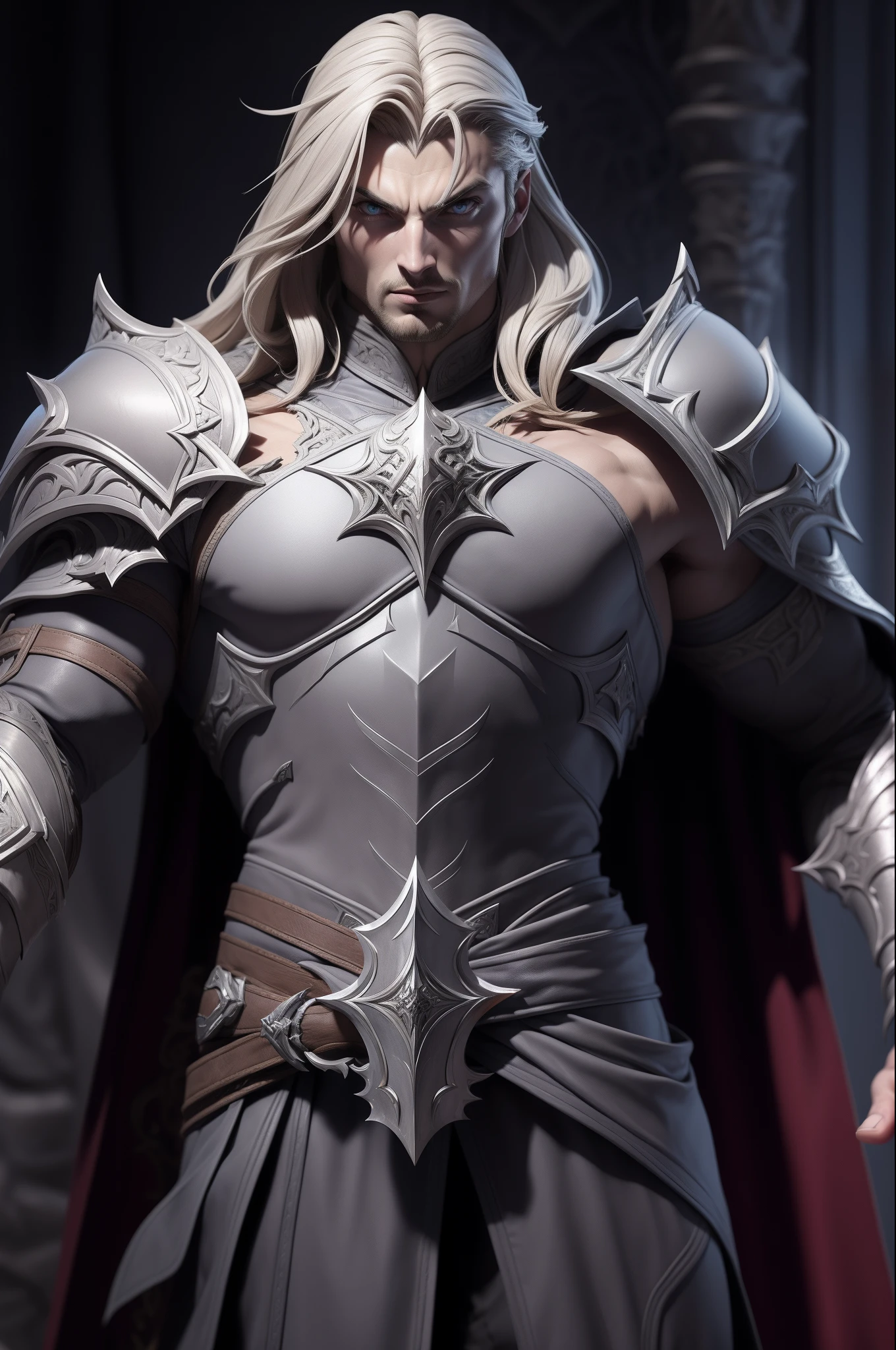 Style argile grise,(Masterpiece, Best quality), niveaux de gris,zbxr, Castlevania Lord of Shadows Muscular Moroccan leather armor Armor , Yeux blancs,