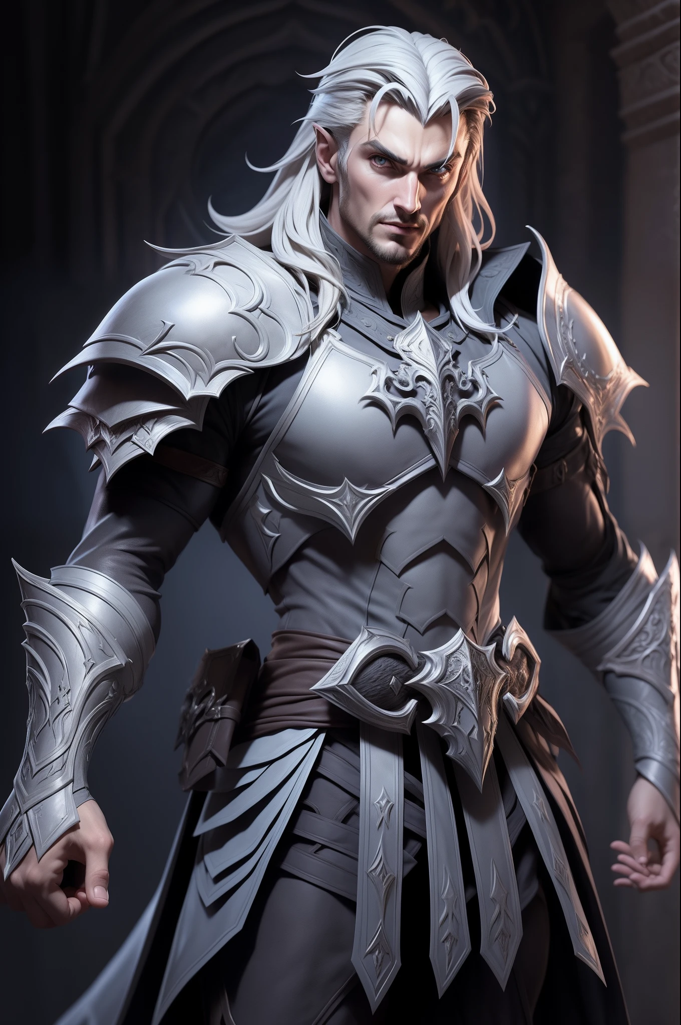 Style argile grise,(Masterpiece, Best quality), niveaux de gris,zbxr, Castlevania Lord of Shadows Muscular Moroccan leather armor Armor , Yeux blancs,