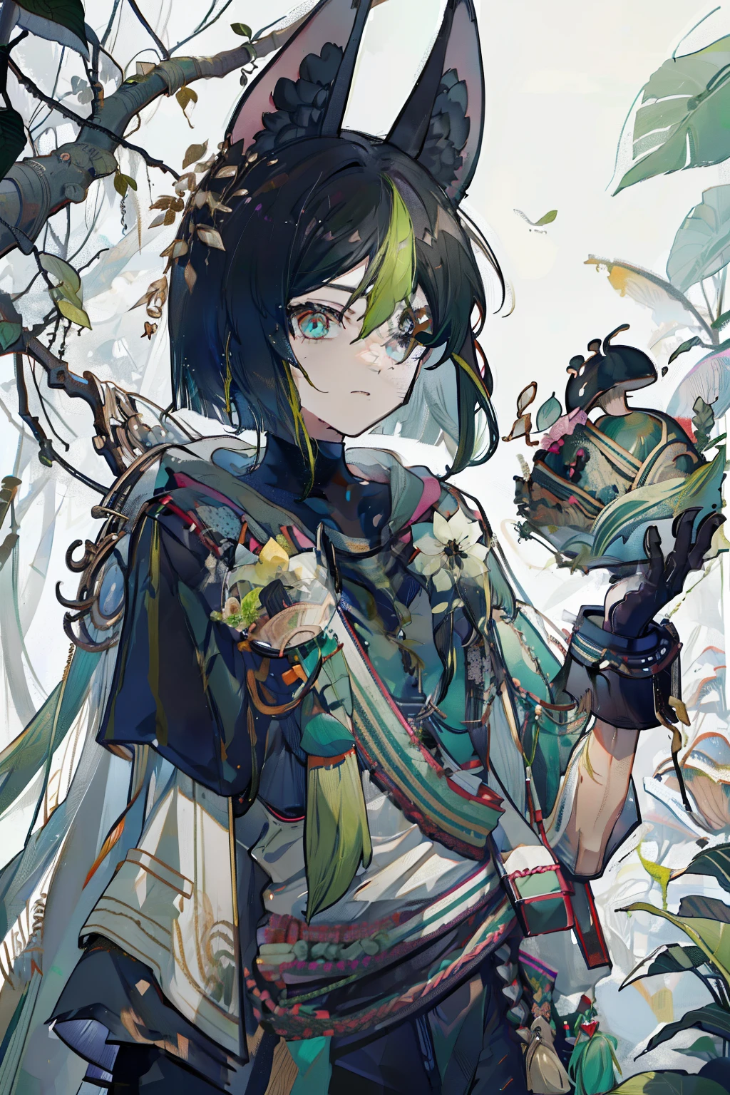 1 male solo, black hair with green streak, big black animal ears, black gloves, white shirt, flower embroidery and accessories, 🍄🌱✨