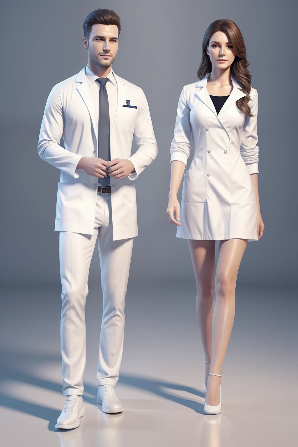 couple of pharmacist, white wardrobe, realistic, full body, standing, modeling, white background, elegant, digital painting, trending on artstation, concept art, sharp focus, 4k.
