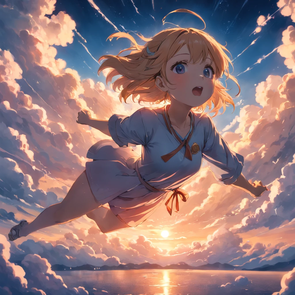 tmasterpiece，best qualtiy，cinematic Film still from，1girl，Cloud Girl，Floating in the sky，closeup cleavage，brightly，cheerfulness，Warm and soft lighting，the sunset，（spark of light：0.7），academy，Happy running
