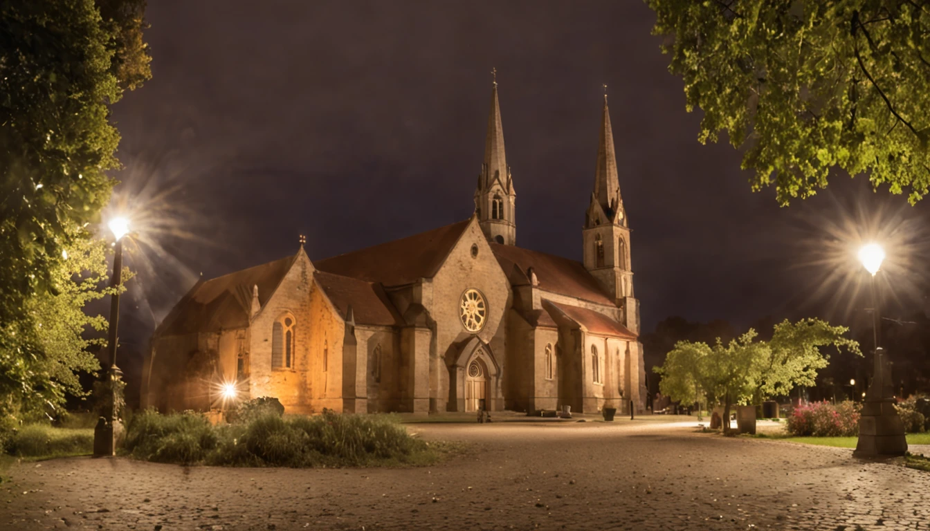 It's a cloudy evening, and people are walking in front of the old church during nighttime.