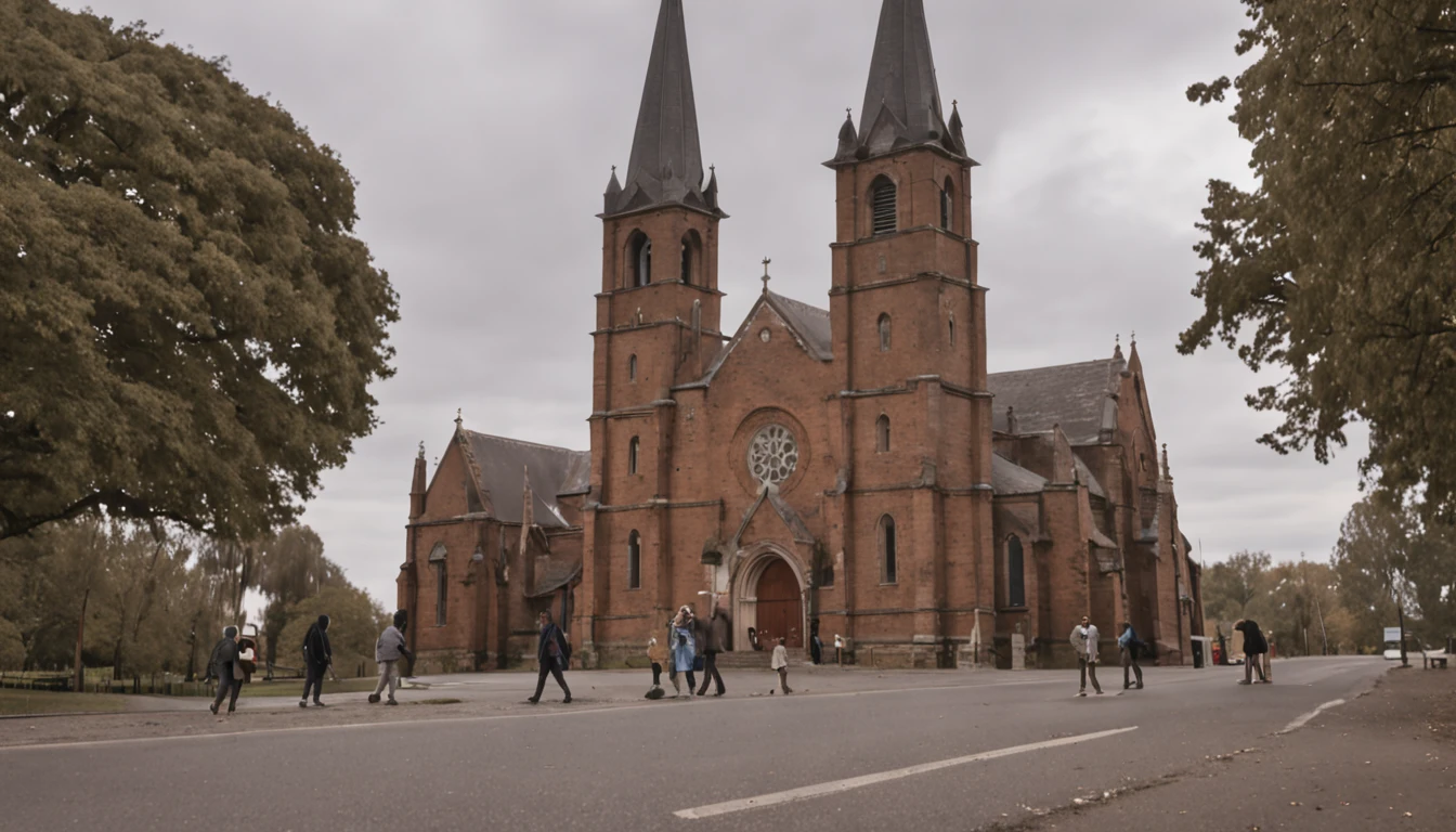 It's a cloudy evening, and people are walking in front of the old church during nighttime.