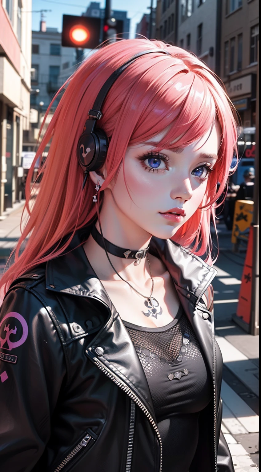 ((masterpiece)), (realistic),(3d face),illustrations,solo,(original),(very detailed wallpaper),photographic reality, very detailed illustrations, (super-complex detail),(delicate face) , perfect detail features,perfect detail,(super complex details), (best lighting),(upper body),1girl,(matrue women:1.2),mid shot,(Punk Fashion), (Earphones), (Modern), (Vibrant), (Disgusted Expression), (Pink and Purple Ombre Hair),(glowing tattoo:1.1), (Sassy), (Sneering), (Confident), (Sleeveless Top), (Black Leather Jacket), (High-Waisted Shorts), (Fishnet Tights), (Combat Boots), (Skull and Crossbones Choker),(Dark Eye Makeup), (Bright Lipstick), (Graffiti Background), (Street Art), (Urban), (Digital Art), (2D Illustration),4K unified,octane rendering,atmospheric 8k ultra detailed,amazing,epic,vivid,Stunning art,dreamy,best shadow,(extremely detailed CG unity 8k wallpaper),Unreal Engine, amazing fine details and brush strokes, smooth, hd semirealistic anime cg concept art digital painting,cg painting,(photorealistic),
