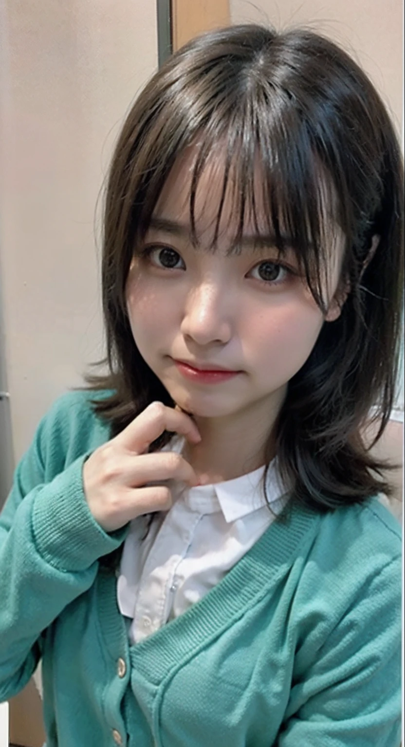 Close up portrait of young girl in green cardigan, chiho, 奈良美智, Na Kawahara々favor, Shiori Teshirogi, By Yasutomo Oka, a cute young girl, 8K!!, Good young girl, shikamimi, Aoi Ogata, narumi kakinouchi