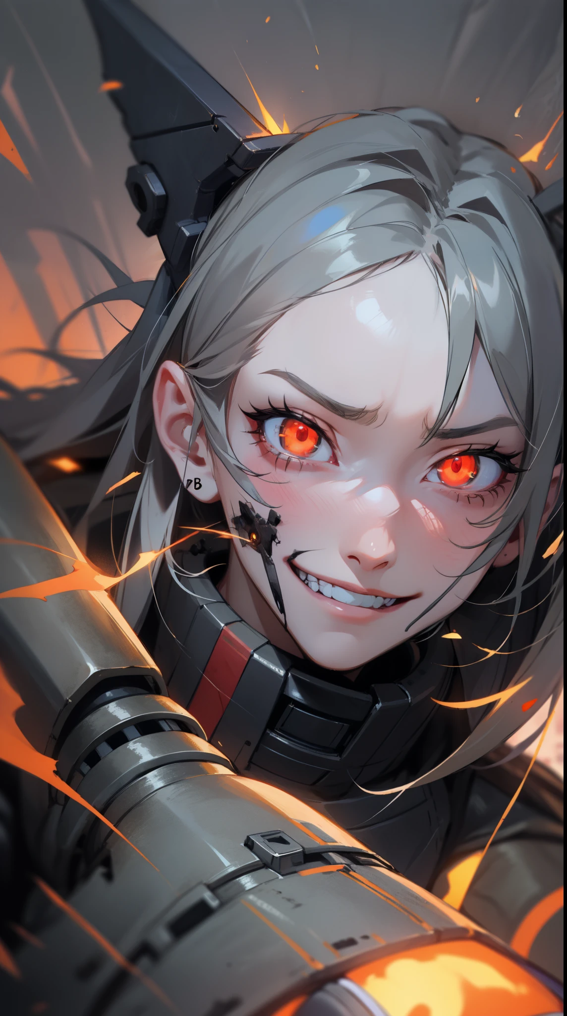 ((masterpiece)), best quality, 8k, high quality, high resolution, super detailed, ultra detailed, photorealistic, lethal and finely detailed face and eyes, ultra detailed and detailed skin texture, mechanical predator's eyes, perfect face, 1 girl, gunmetal gray frame, (hunter-killer armor), glowing red eyes, (predatory aura), armed with shoulder-mounted plasma cannons, surveying a war-torn landscape, calculating expression, ((predatory grin)), night, scorched wasteland, burning wreckage, ominous ambiance, (distant explosions), (mechanical growls), since war's outbreak, Seraph-X, mechanical eyes, background of scorched wasteland.